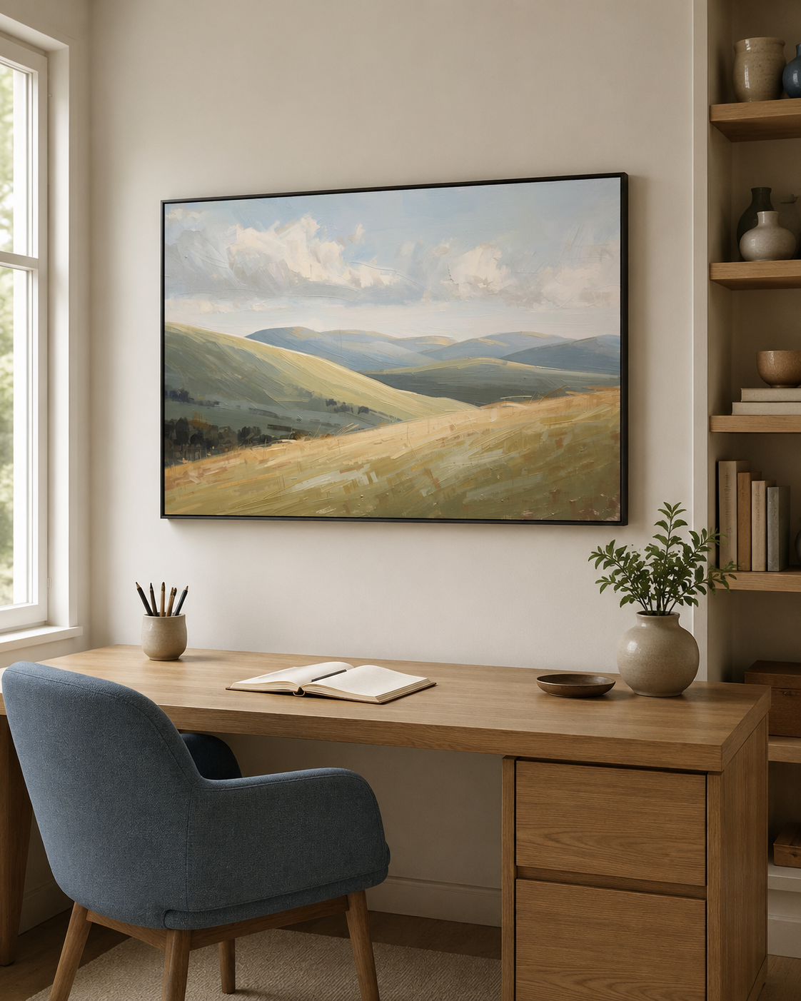 A black-framed landscape wall art print of rolling green and beige hills under a cloudy sky, on a beige wall above a wooden desk in a home office.