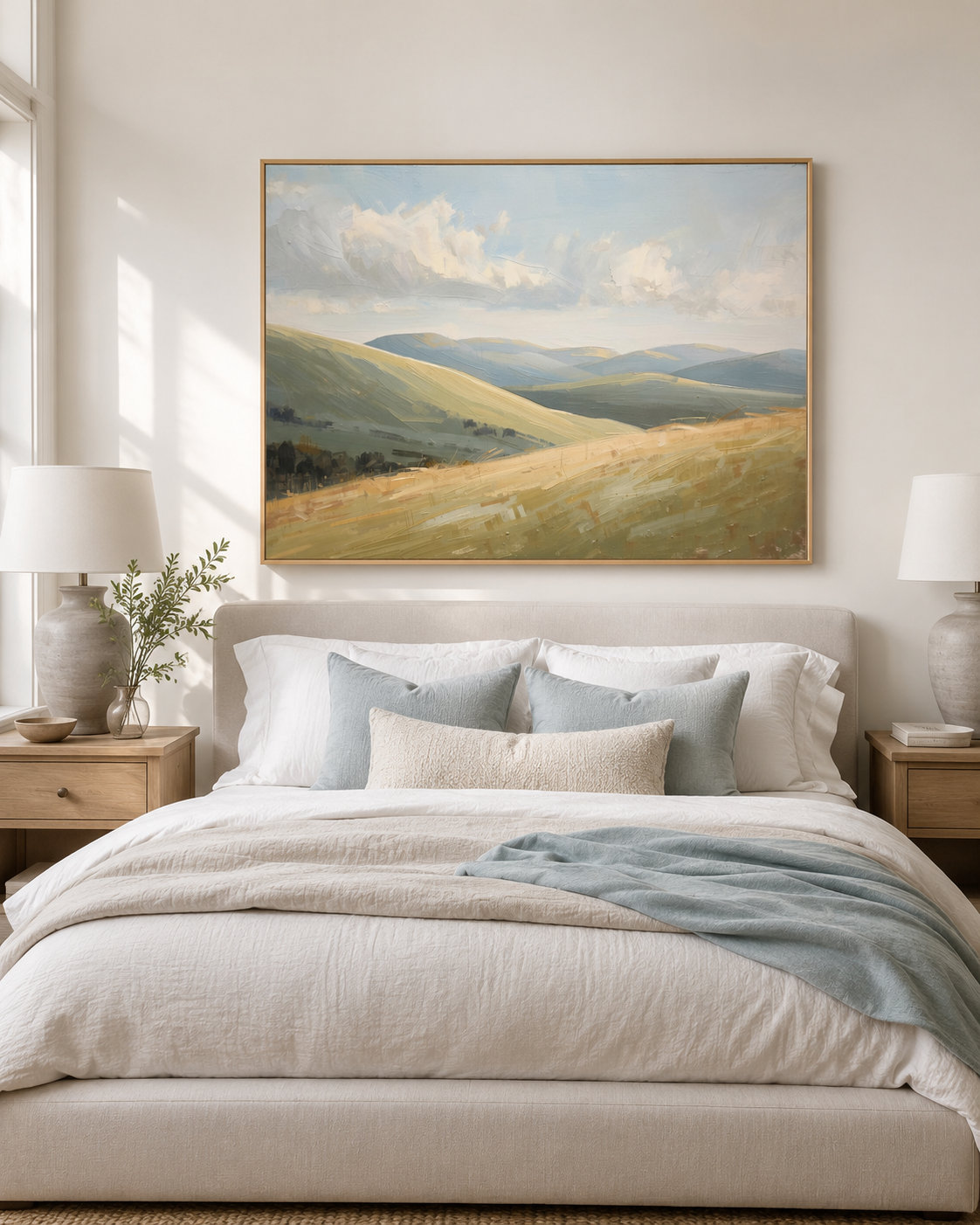A large framed landscape wall art print of rolling green and beige hills under a cloudy sky, displayed above a styled bed in a bedroom.