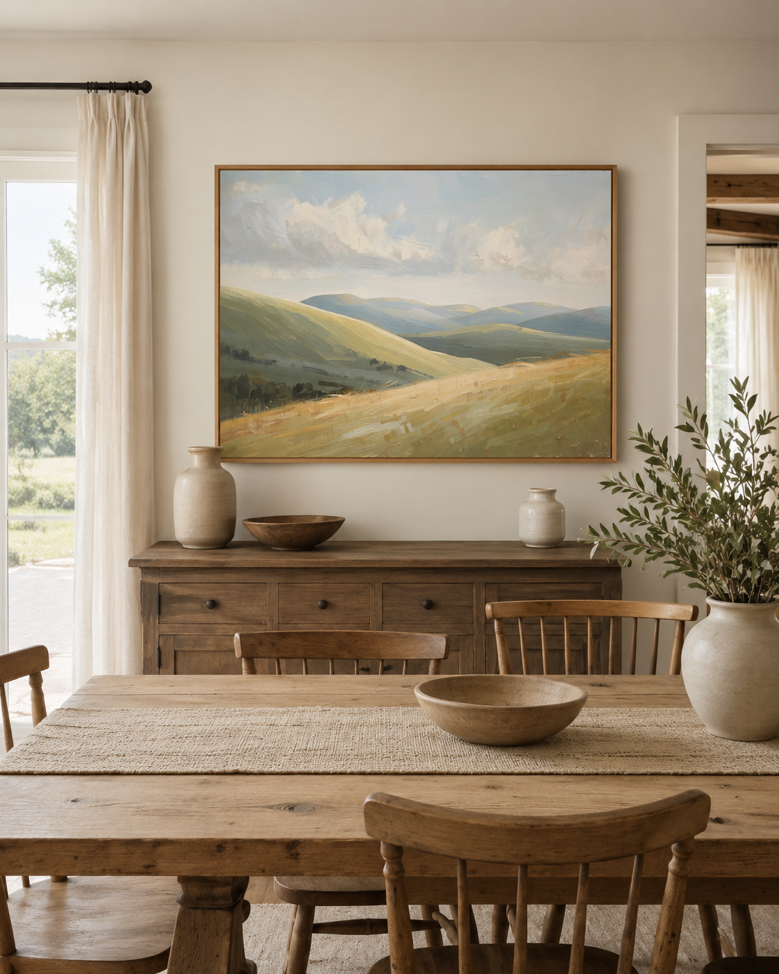 A framed landscape canvas wall art print of rolling green and yellow hills under a cloudy sky, on a beige wall above a wooden sideboard in a rustic dining room.