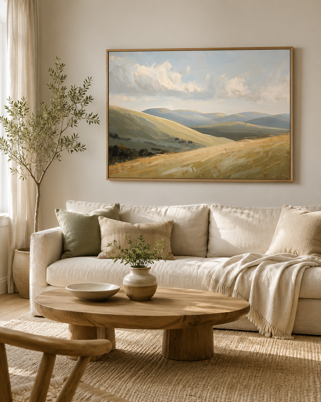 A framed landscape wall art print of rolling green and beige hills under a cloudy sky, on a beige wall above a sofa in a living room.