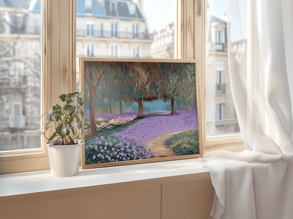 Romantic lavender field art print with green lush trees along a path in a forest and a light wooden frame. Perfect for living room walls and placed on a windowsill with city views. Featuring soft lilac hues and peaceful nature scenery. 