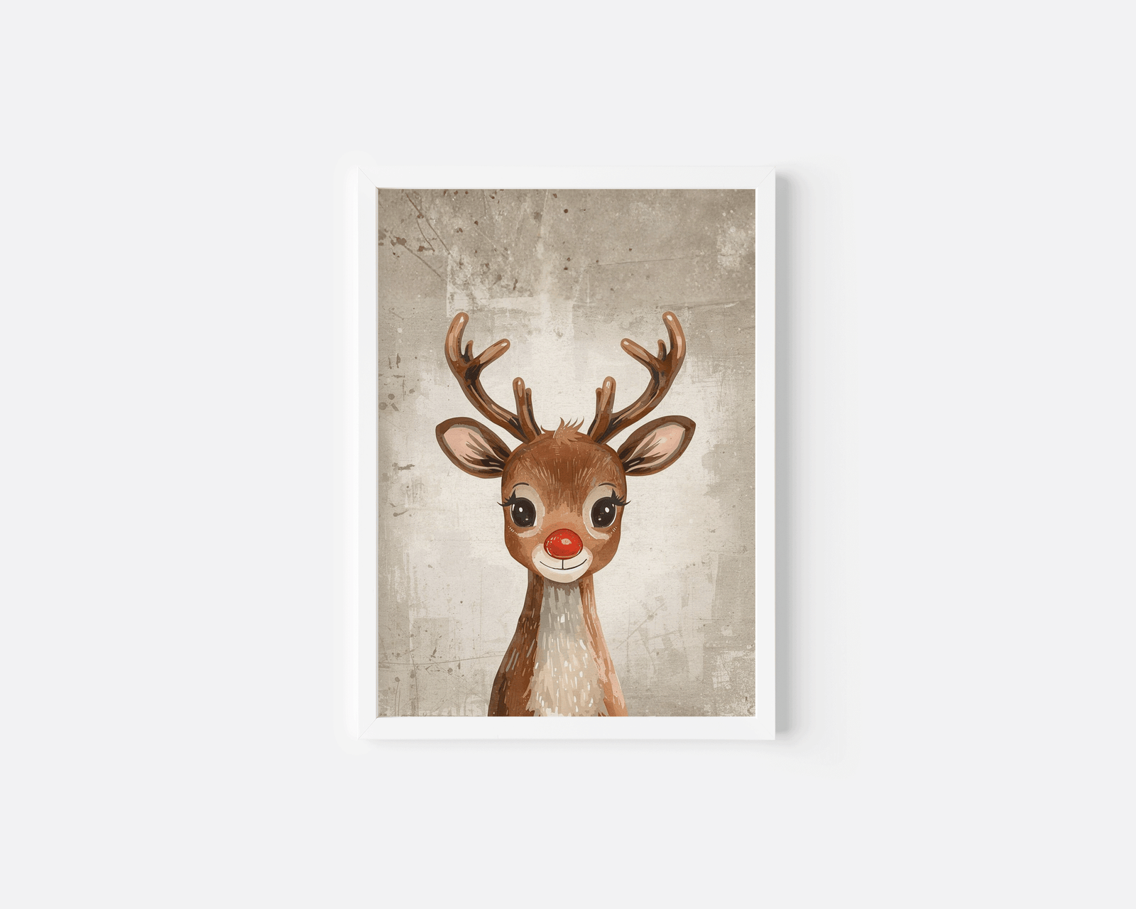Framed Rudolph reindeer vintage Christmas wall art print displayed in a bright living room with neutral beige tones, featuring a textured background and minimalist holiday styling for cozy seasonal décor.