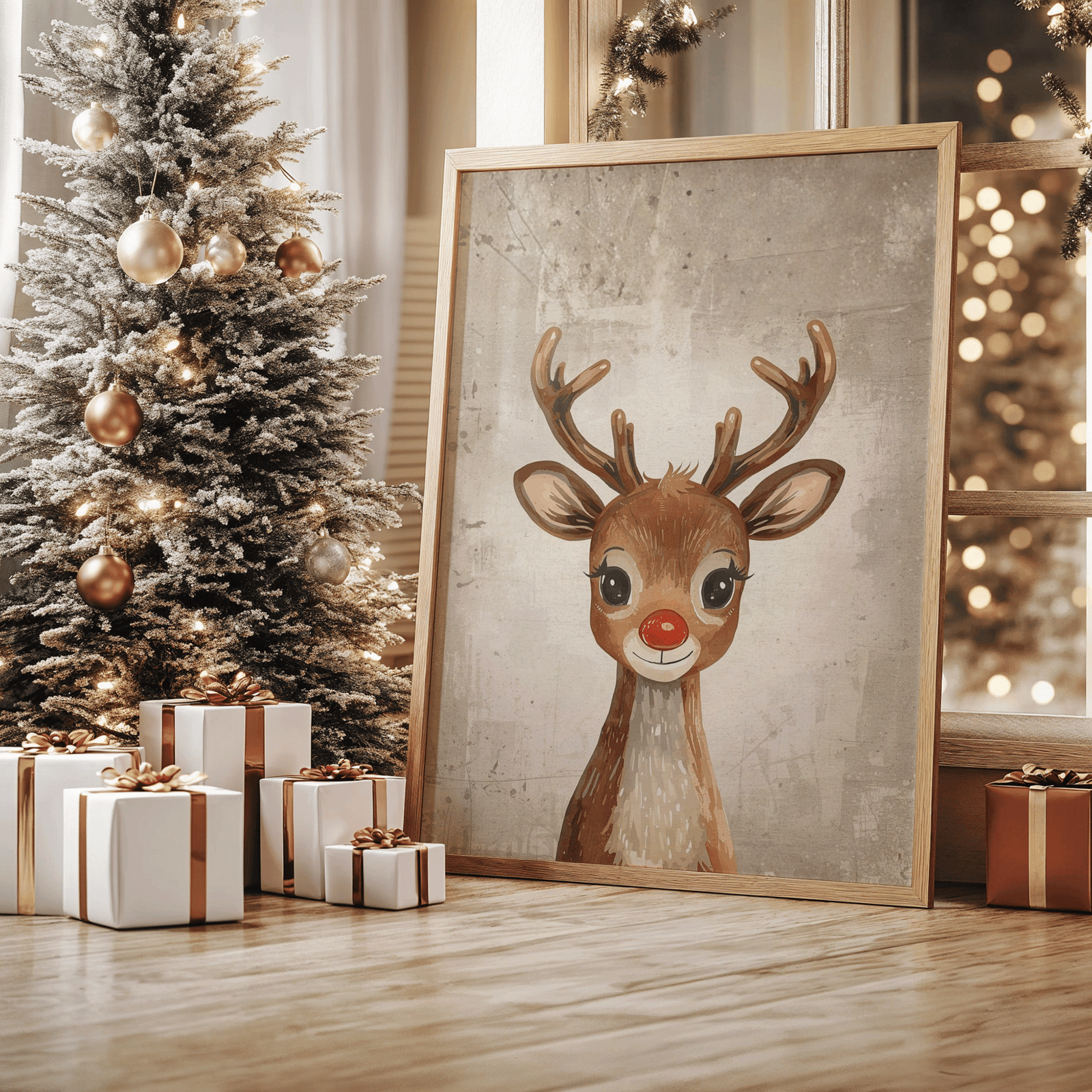 Framed Rudolph reindeer vintage Christmas wall art leaning against a wall beside a decorated gold and silver Christmas tree with wrapped gifts, styled in warm neutral tones for cozy holiday home décor inspiration.