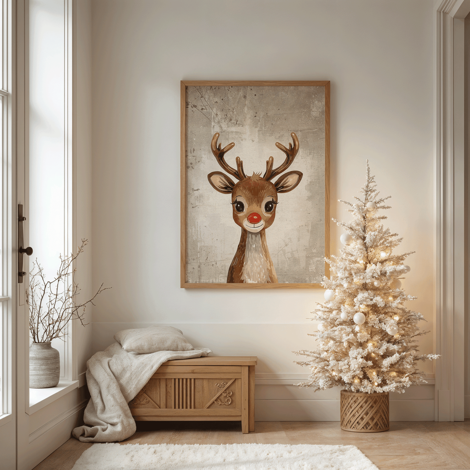 Rudolph the red nose Reindeer vintage Christmas wall art print displayed in a cozy neutral living room with a gold Christmas tree and wooden bench, styled for holiday home décor.