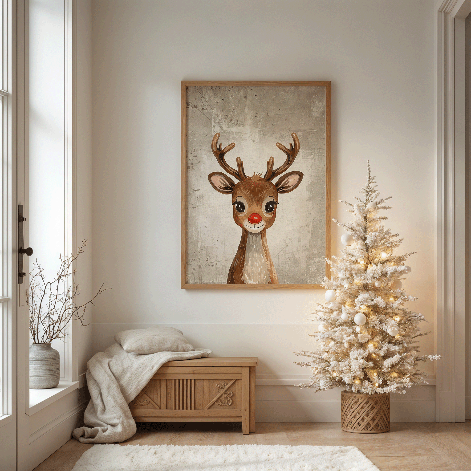 Rudolph the red nose Reindeer vintage Christmas wall art print displayed in a cozy neutral living room with a gold Christmas tree and wooden bench, styled for holiday home décor.