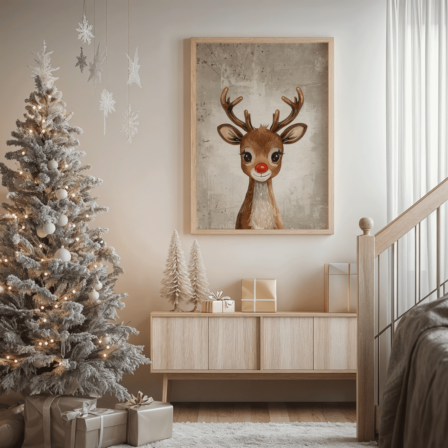 Rudolph reindeer vintage Christmas wall art hanging above a wooden sideboard beside a frosted silver Christmas tree, styled in a cozy neutral living room with wrapped gifts and warm beige tones.