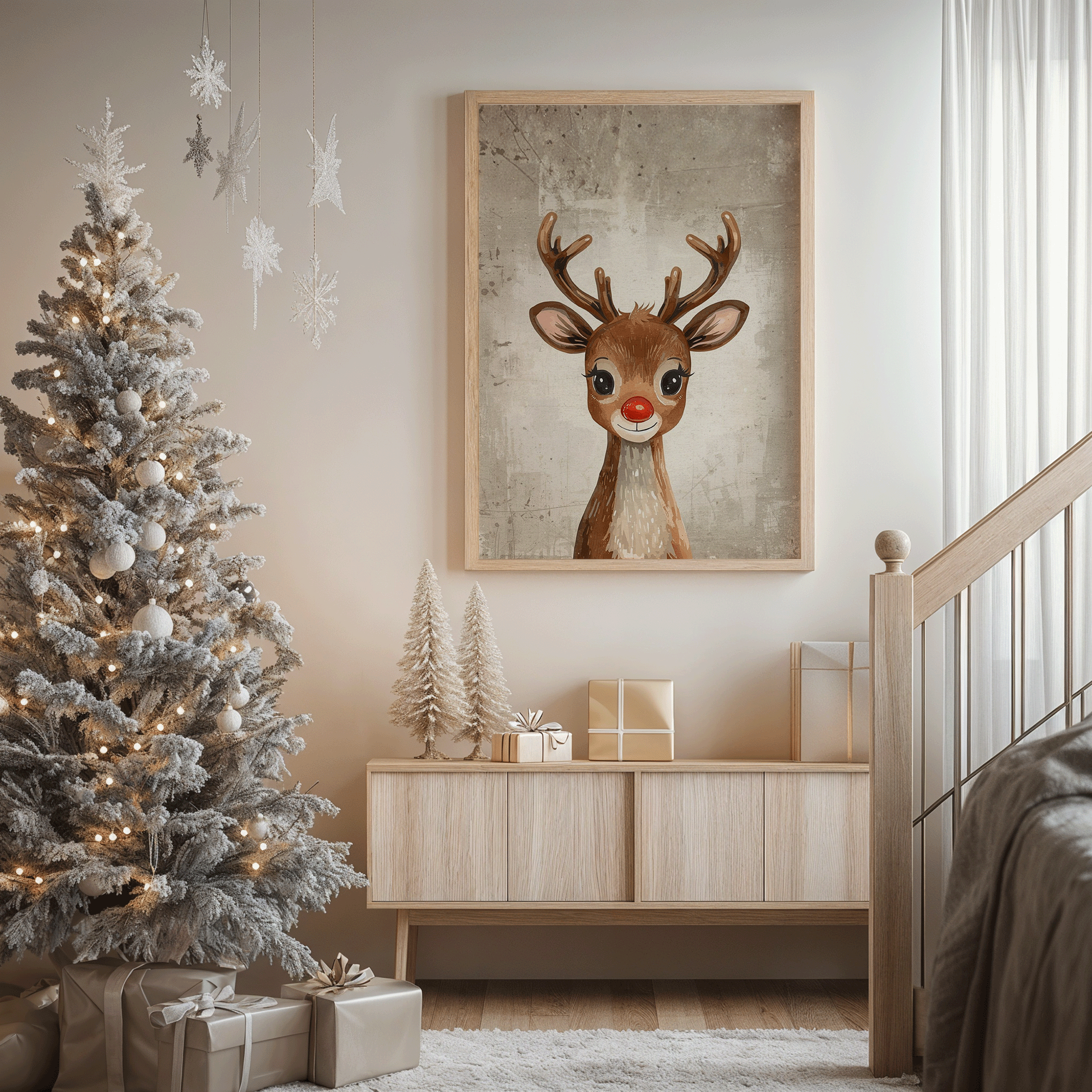 Rudolph reindeer vintage Christmas wall art hanging above a wooden sideboard beside a frosted silver Christmas tree, styled in a cozy neutral living room with wrapped gifts and warm beige tones.