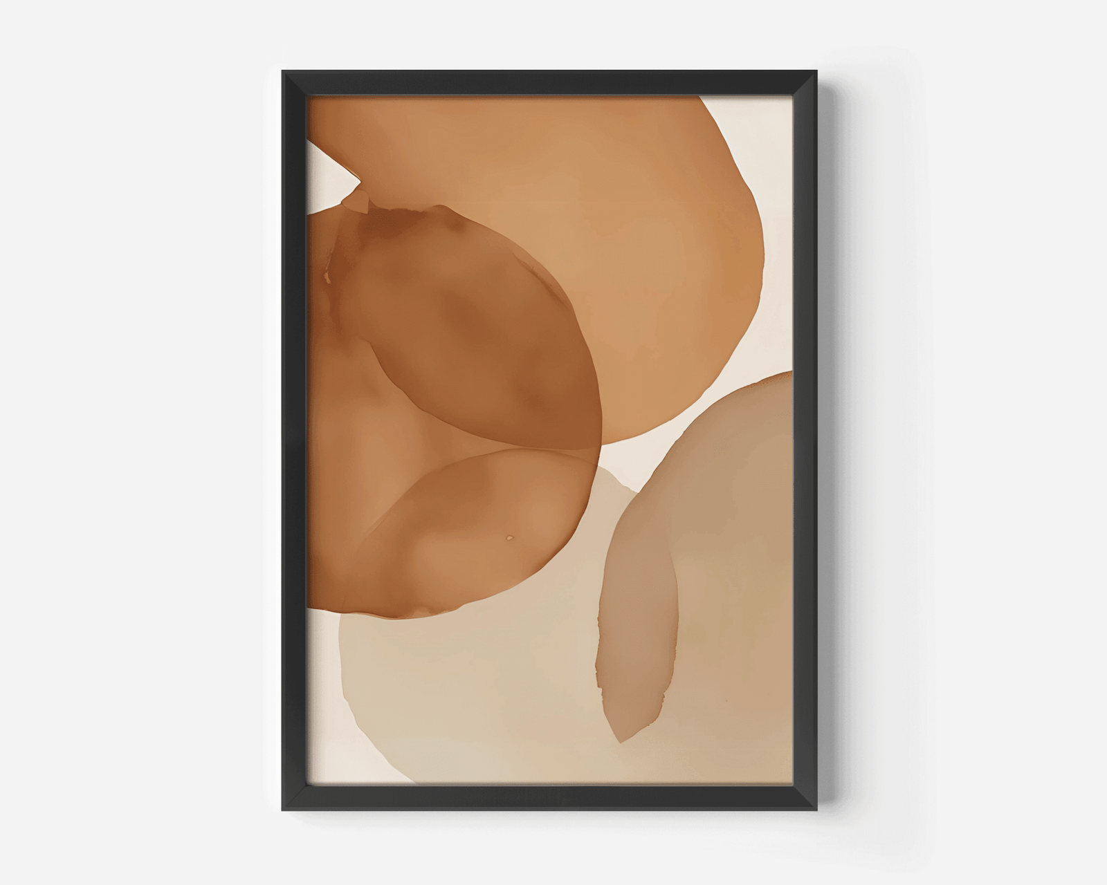 Terracotta watercolor abstract wall art in a black frame. A mix of rust, brown, burnt orange, beige, light brown, and cream - warm tones with a watercolor effect,