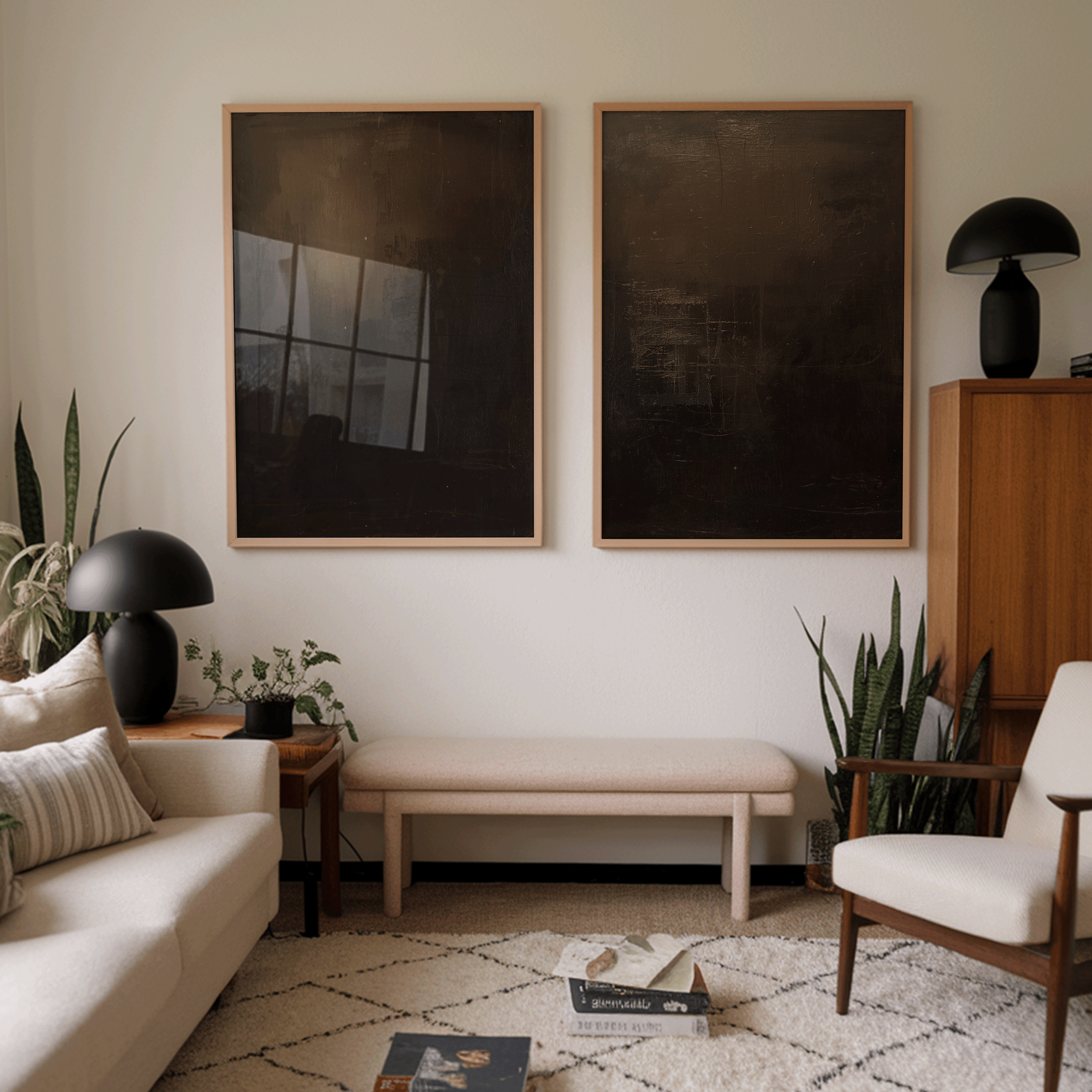 moody charcoal and bronze abstract artwork pair framed in warm oak, styled in a midcentury-inspired living room with indoor plants, neutral seating, wood furniture and a soft patterned rug