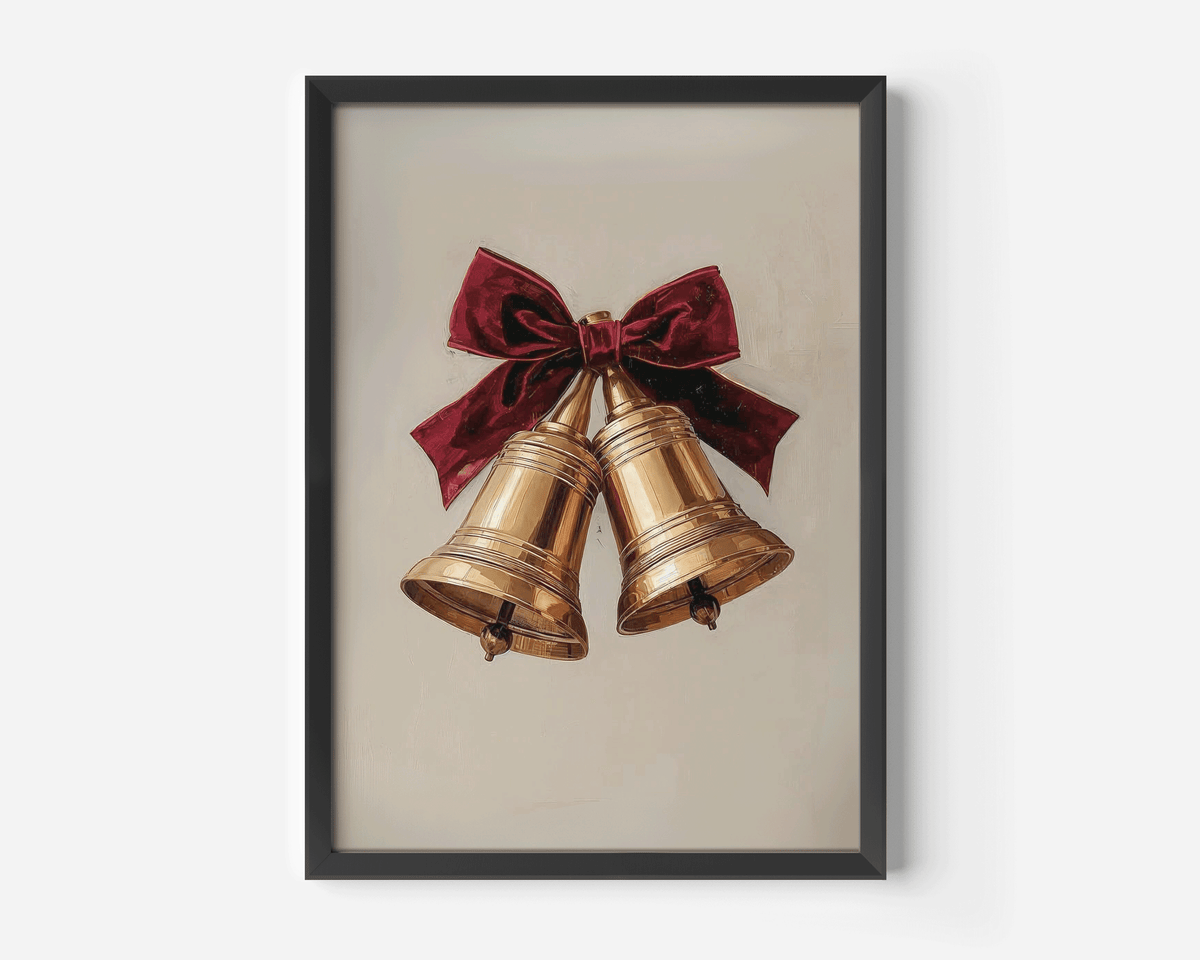 Vintage gold Christmas bells print with a red velvet bow in a black frame