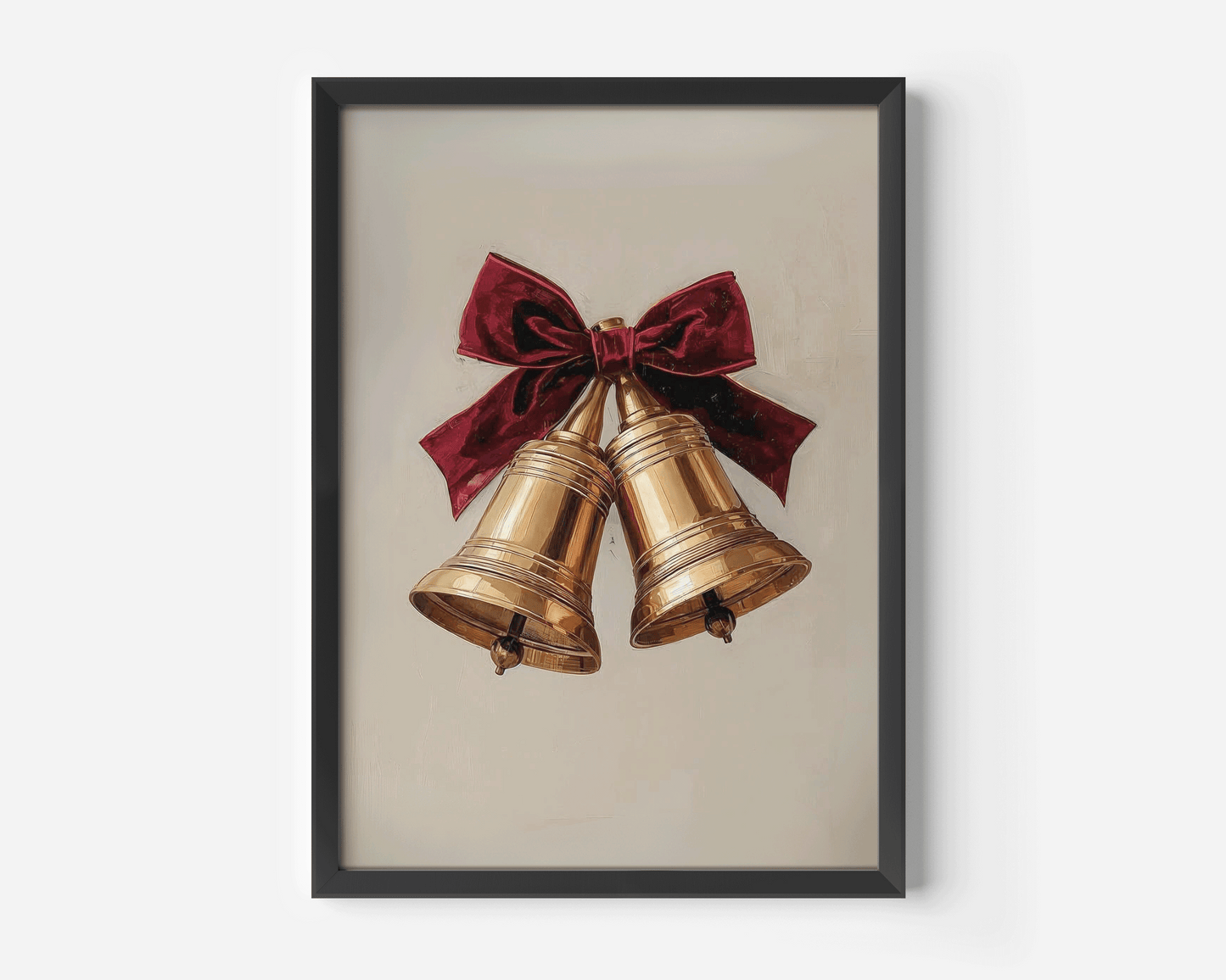 Classic gold bells Christmas print in a sleek black frame, featuring a painterly oil-texture background and red velvet bow — a timeless, minimalist holiday wall art piece inspired by Ralph Lauren Christmas décor.