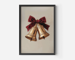 Vintage gold Christmas bells print with a red velvet bow in a black frame