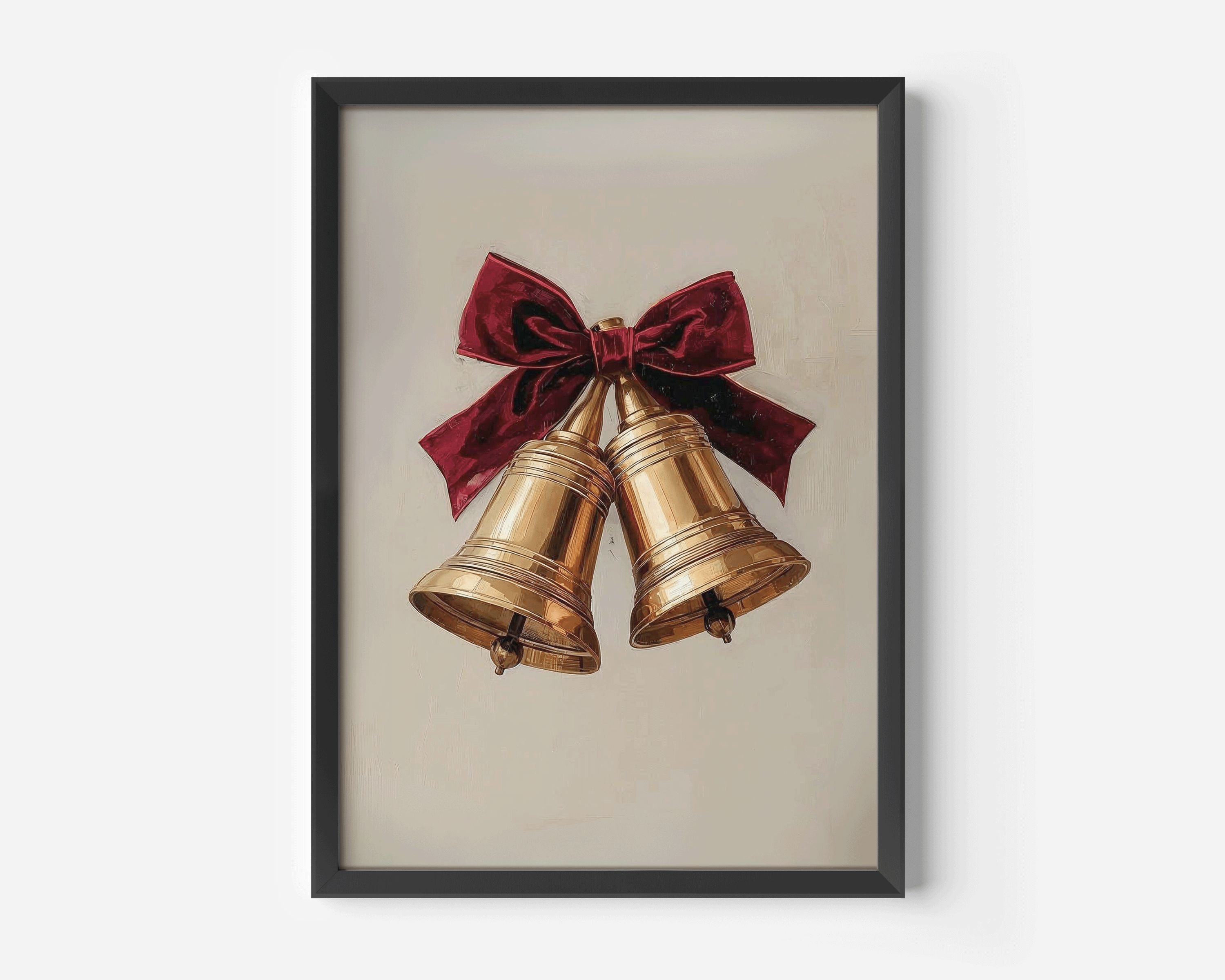 Classic gold bells Christmas print in a sleek black frame, featuring a painterly oil-texture background and red velvet bow — a timeless, minimalist holiday wall art piece inspired by Ralph Lauren Christmas décor.