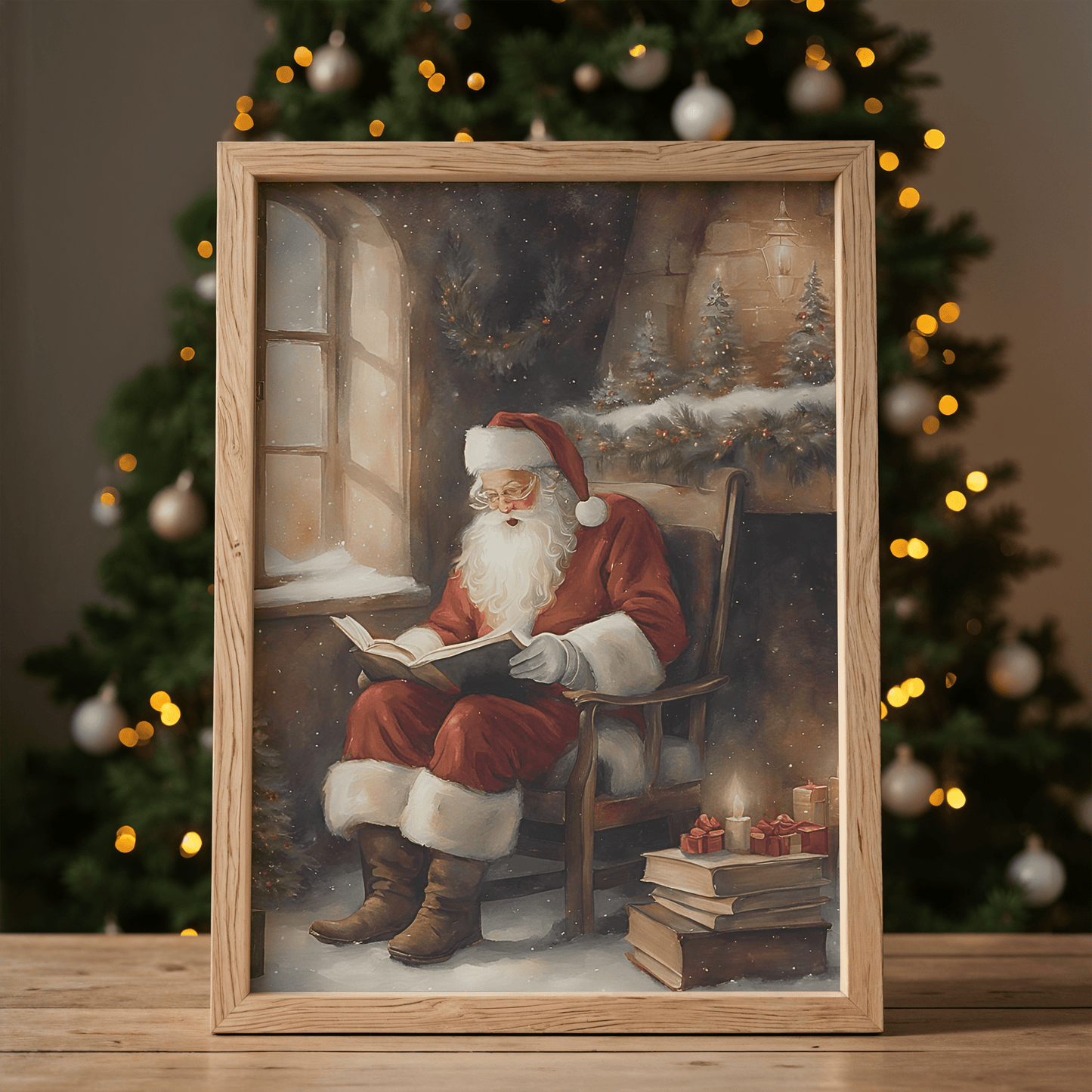 framed vintage Santa print reading a book placed beside Christmas tree with gold ornaments and presents
