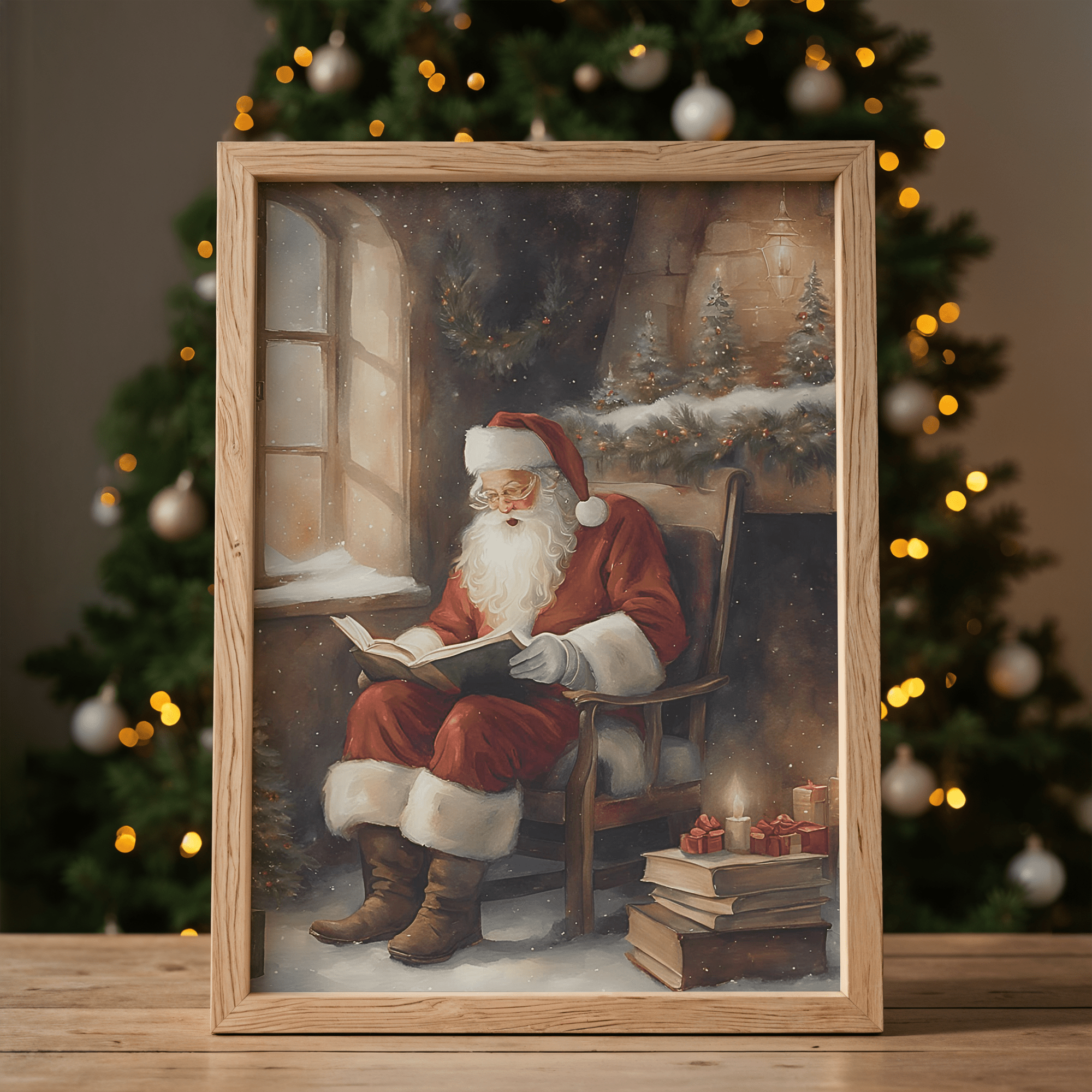 framed vintage Santa print reading a book placed beside Christmas tree with gold ornaments and presents