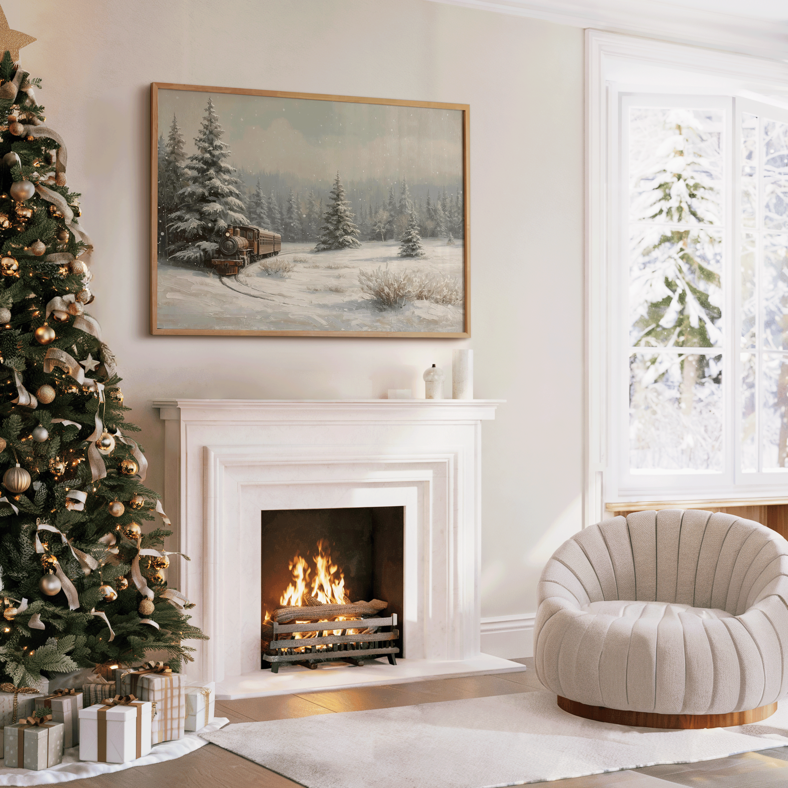 Cozy Christmas living room scene featuring a large framed vintage winter train painting hung above a white fireplace, with a decorated holiday tree, snow-covered landscape artwork, and warm neutral décor.