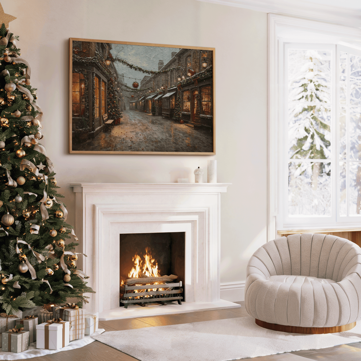 Cozy Christmas living room with a decorated tree, lit fireplace, and a large vintage winter village street scene wall art featuring snow, warm shop lights, and holiday garlands.