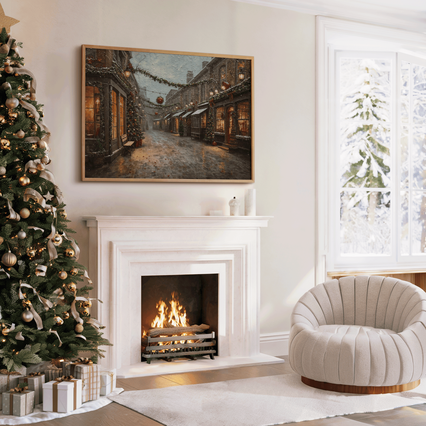 Cozy Christmas living room with a decorated tree, lit fireplace, and a large vintage winter village street scene wall art featuring snow, warm shop lights, and holiday garlands.