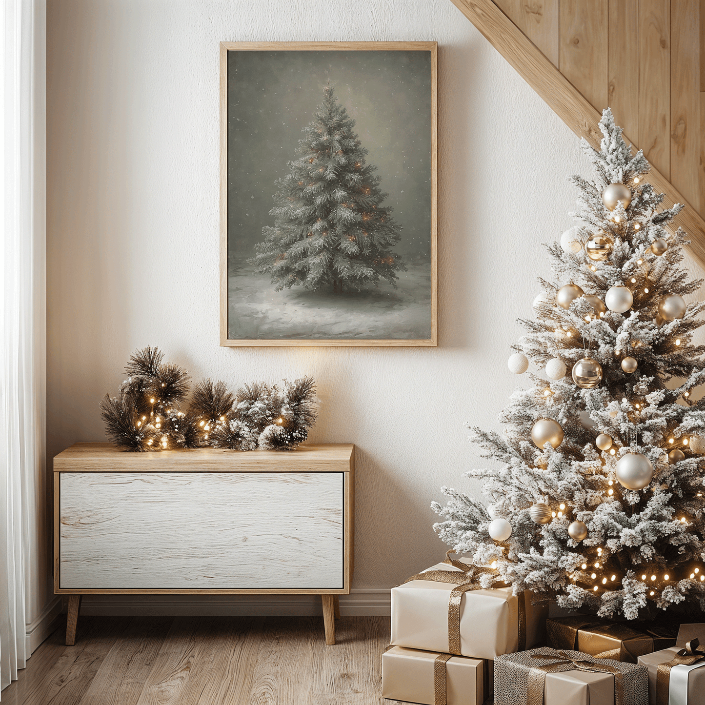 Rustic farmhouse Christmas tree wall art with warm lighting and soft snow, styled above a cabinet for timeless holiday home decor inspiration.