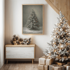 Rustic Christmas tree wall art with warm lights and soft snow, styled above a cabinet