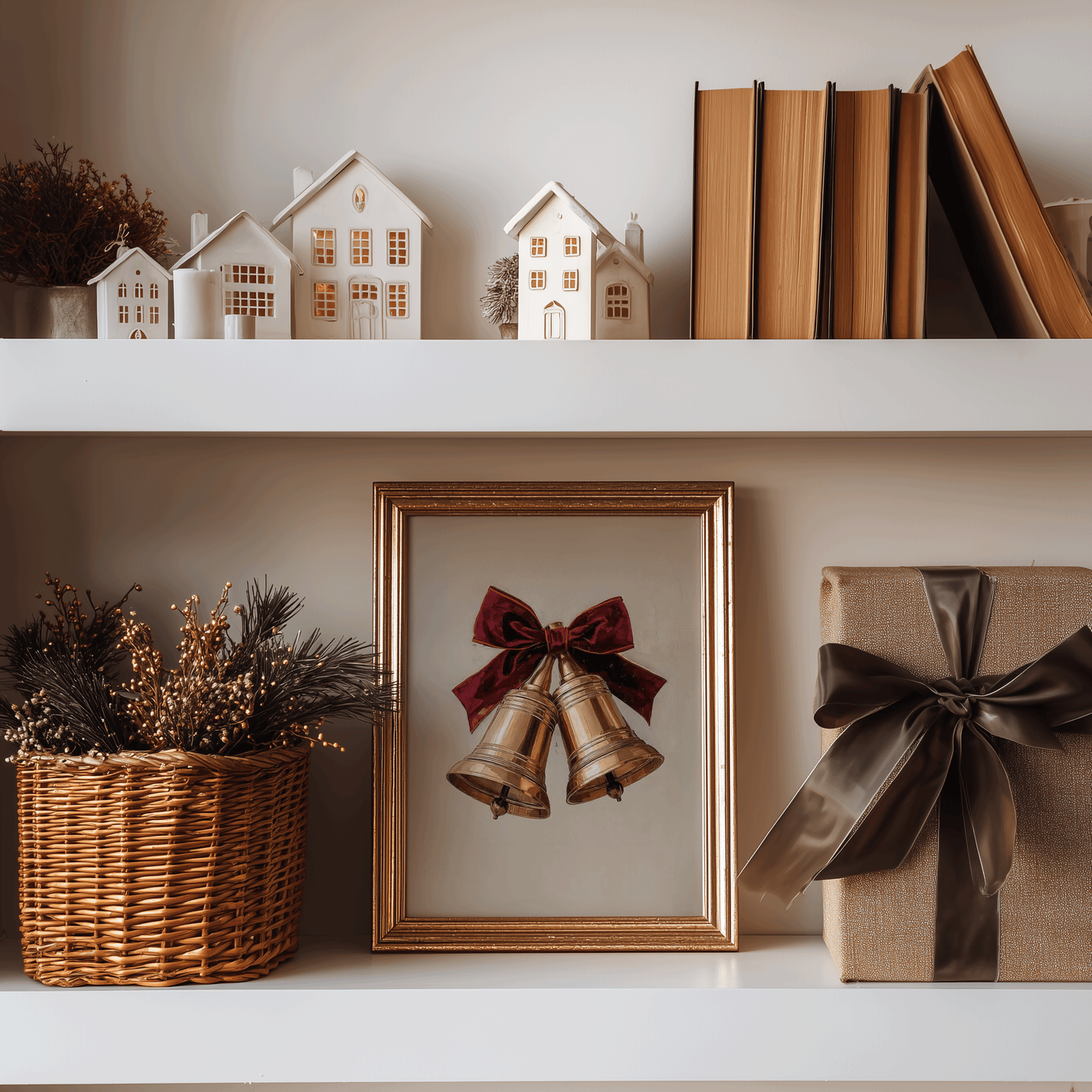 Gold bells framed Christmas print styled on a shelf with rustic books, wicker basket, and gift wrap — the perfect touch for a cozy farmhouse, Ralph Lauren–inspired holiday home.