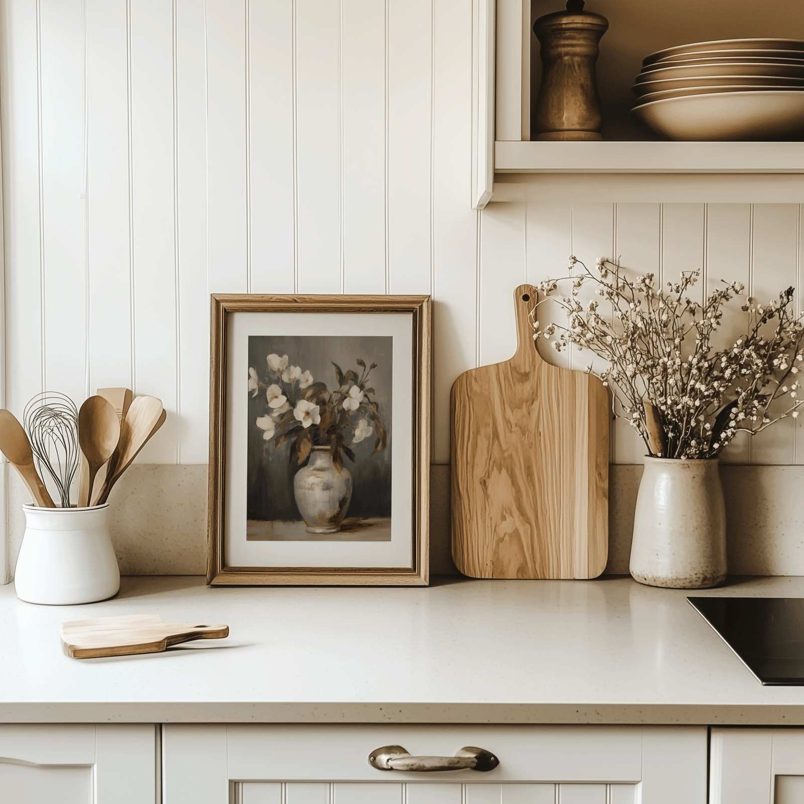 Rustic vintage floral wall art framed on minimal kitchen countertop with neutral decor and flowers
