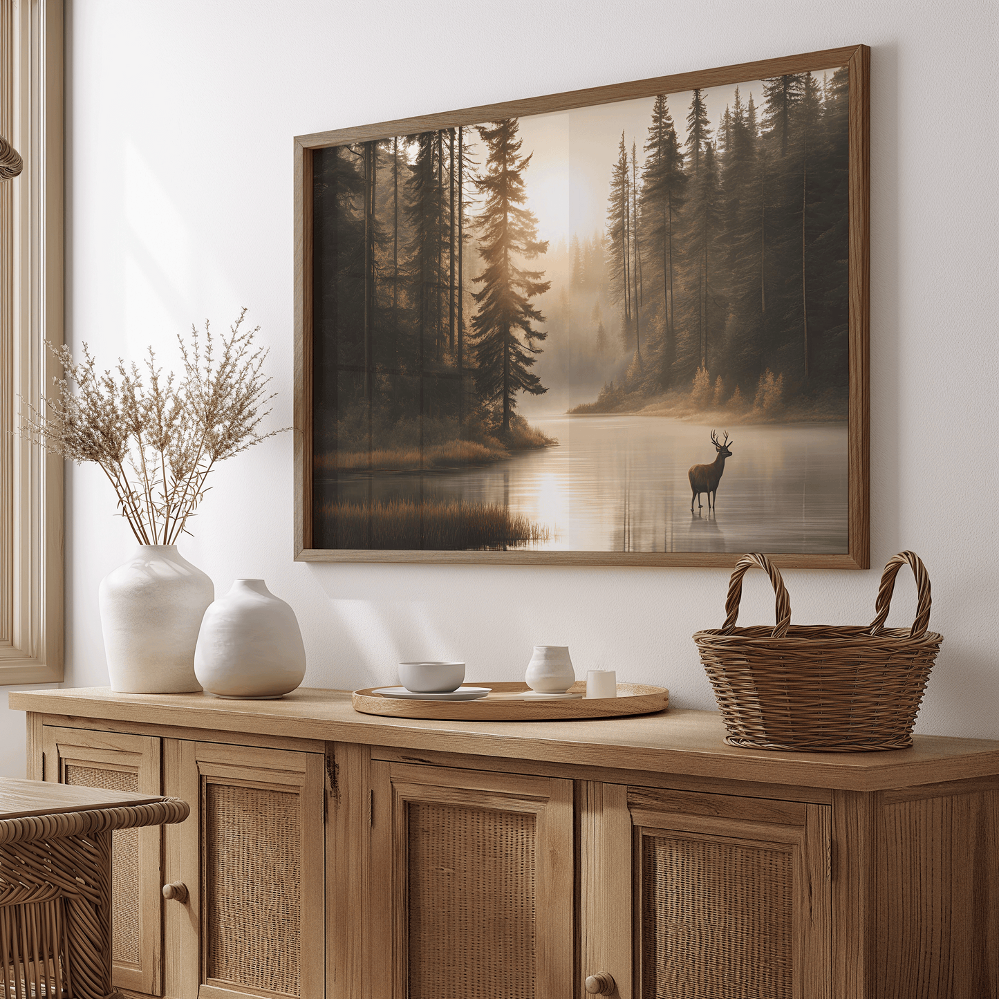 Rustic forest deer canvas wall art framed in wood displayed above a sideboard with vases and woven basket.