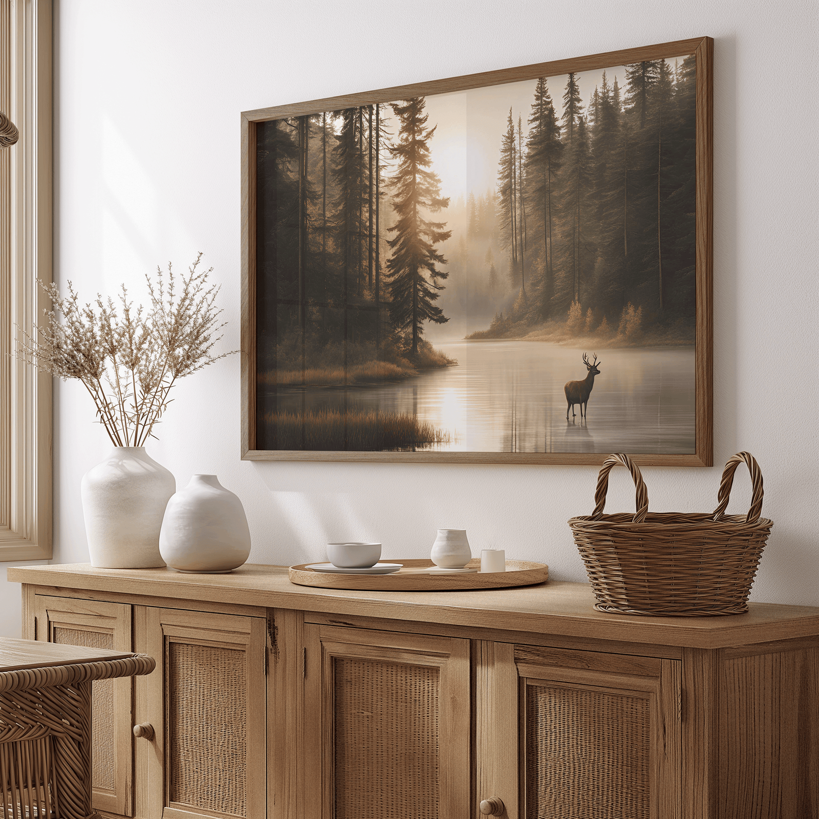 Rustic forest deer canvas wall art framed in wood displayed above a sideboard with vases and woven basket.