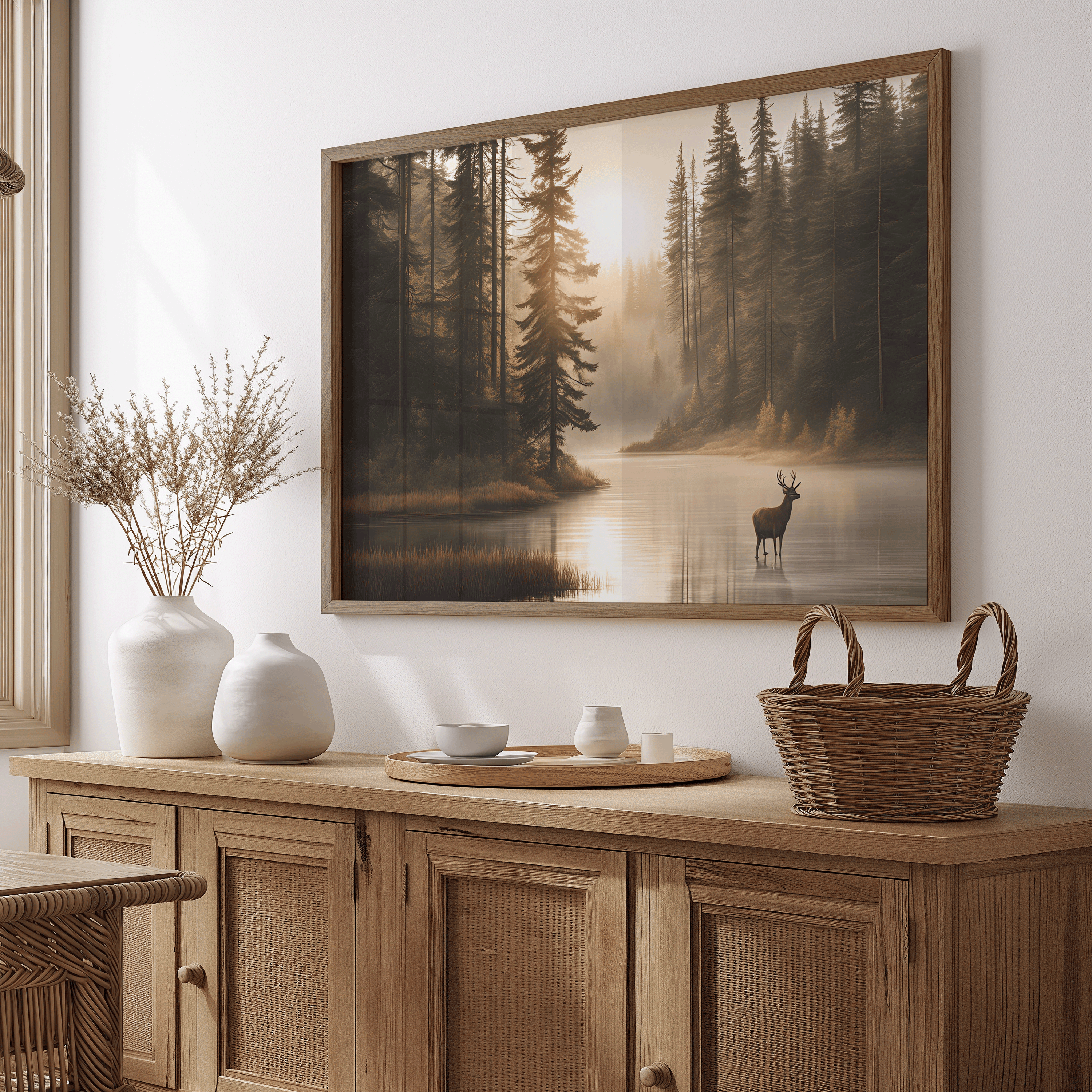 Rustic forest deer canvas wall art framed in wood displayed above a sideboard with vases and woven basket.