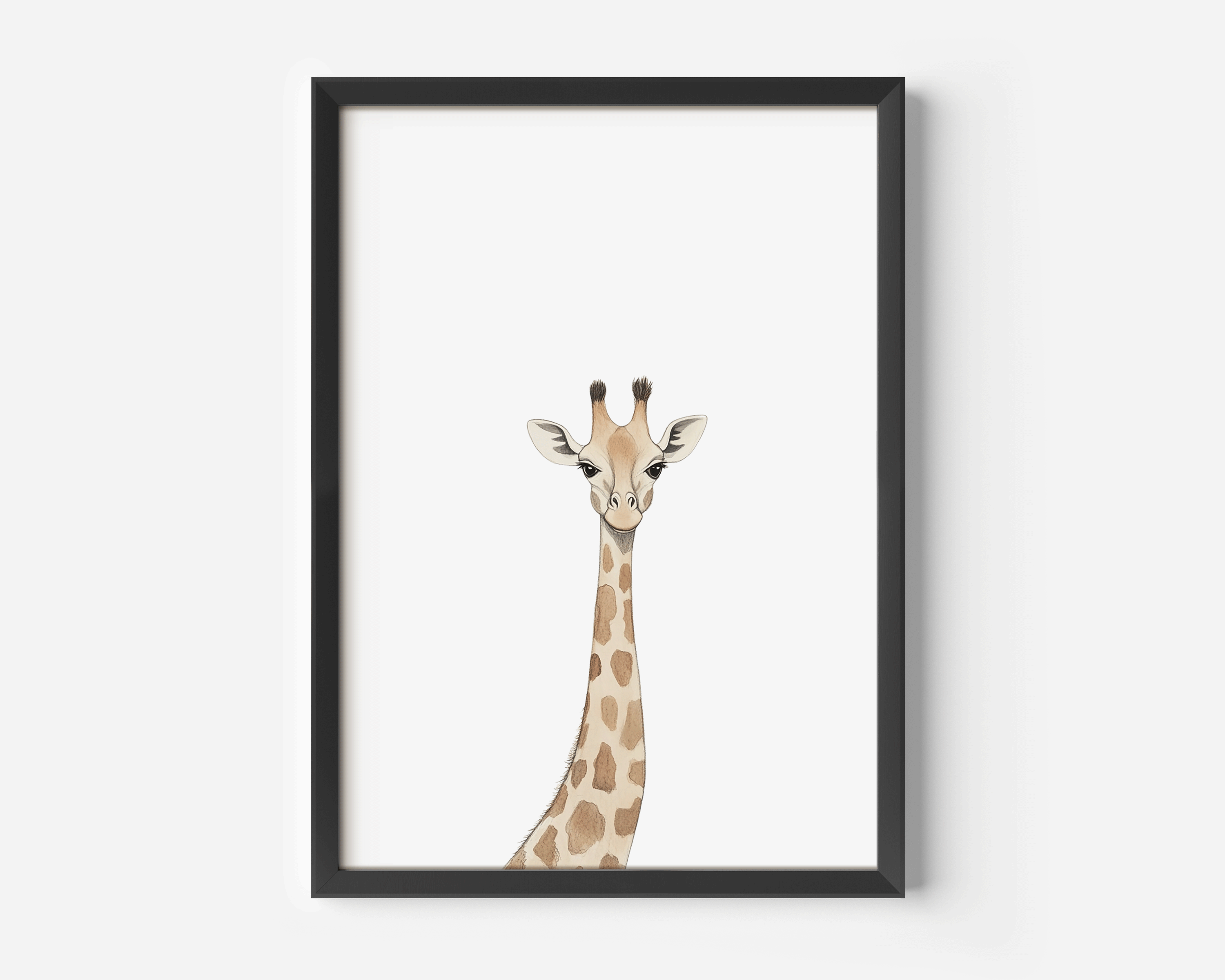 Rustic giraffe framed canvas wall art print styled for kids bedroom decor or neutral baby nursery