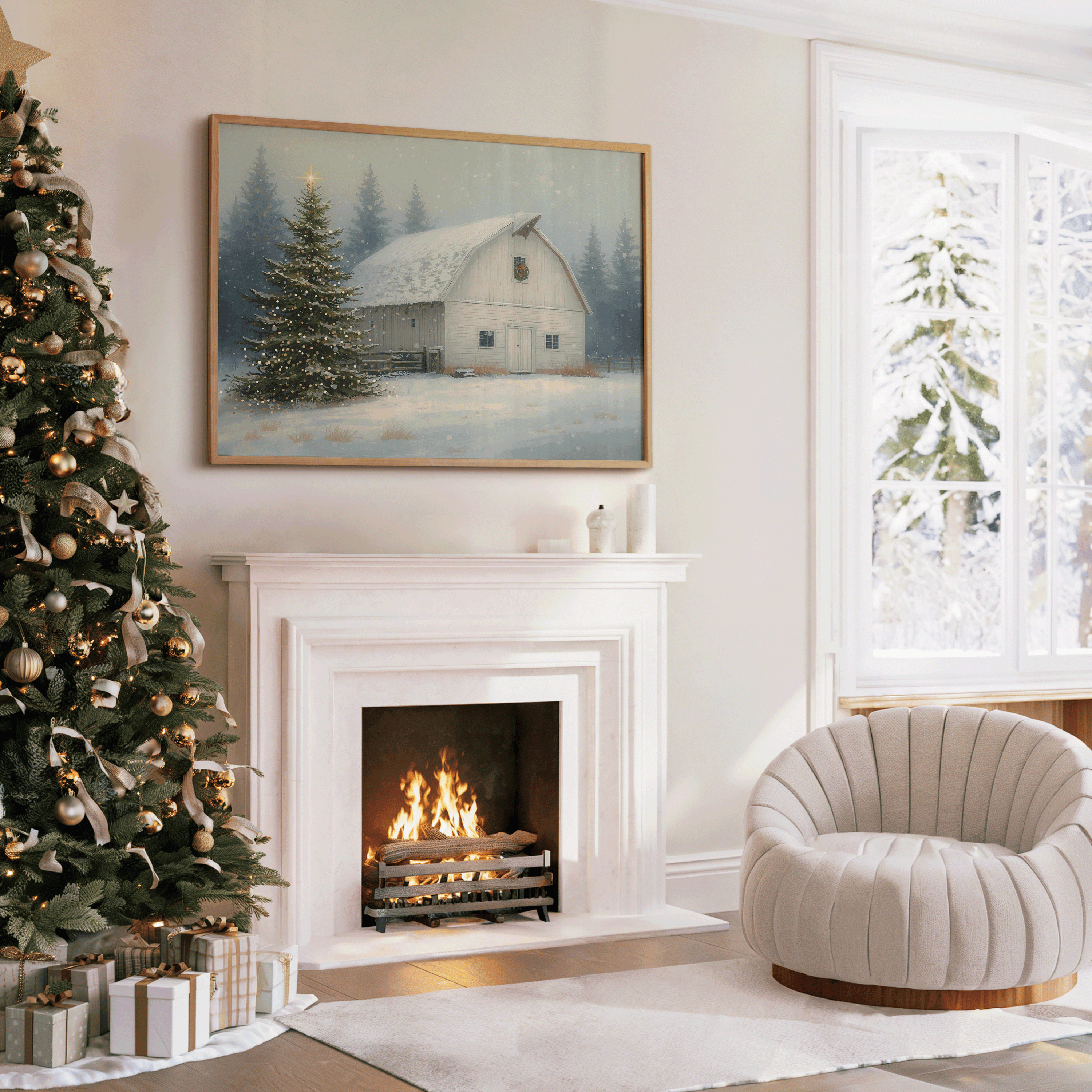 Large rustic vintage barn canvas print styled above a fireplace beside a decorated Christmas tree, warm gold ornaments, and wrapped gifts — cozy traditional holiday living room wall art inspiration