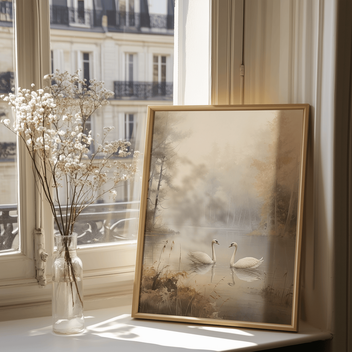 Framed canvas wall art print of swans on a lake next to a vase with white flowers by a window.
