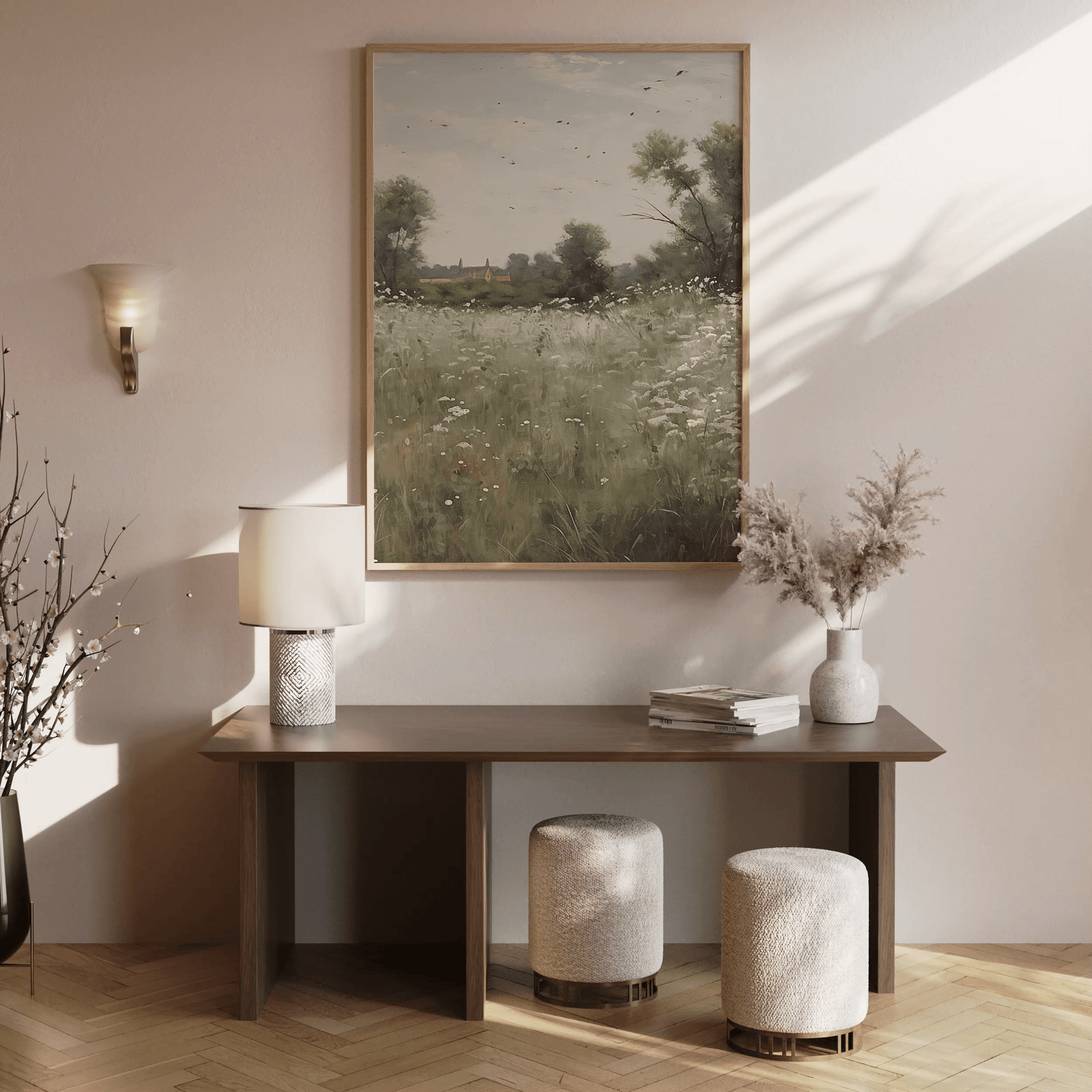 Vintage countryside wall art print with meadow and farmhouse styled above wooden entryway table