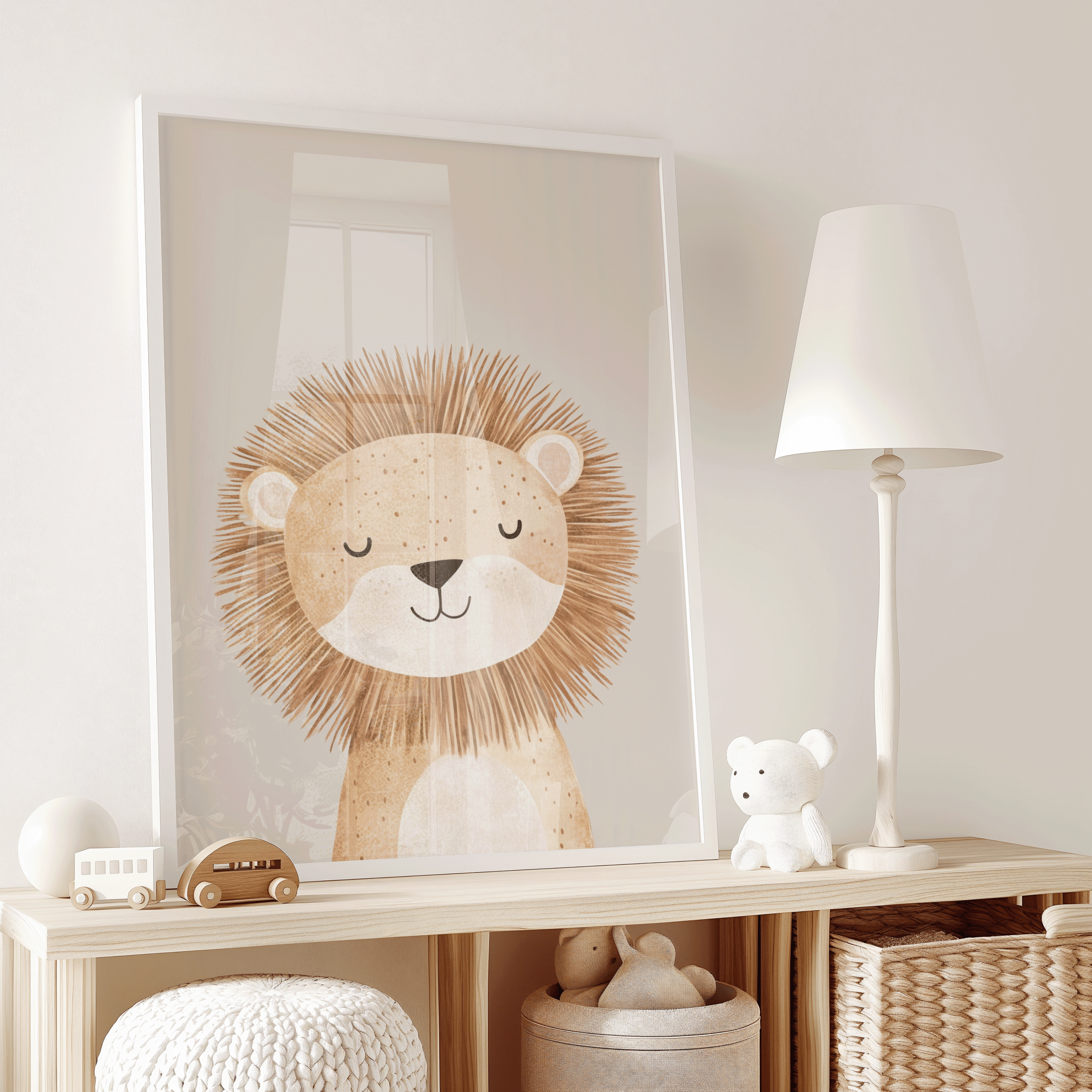 Rustic lion nursery wall art with a white frame styled above a wooden bookshelf with white table lamp and montessori-inspired wooden toys and accessories