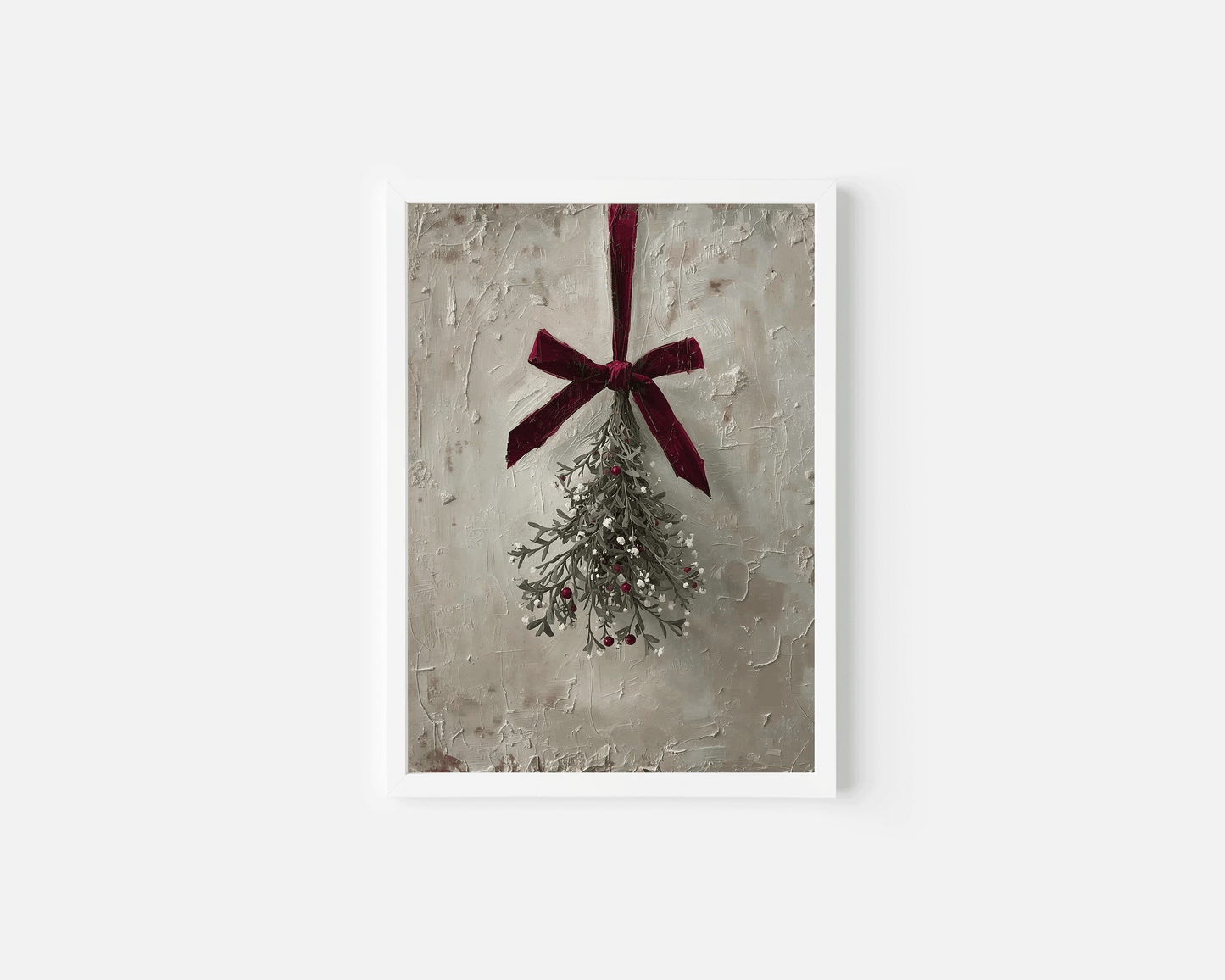 rustic mistletoe velvet bow wall art in a white frame with textured neutral backdrop, vintage christmas artwork ideal for cozy bedroom, entryway, or hallway seasonal holiday styling