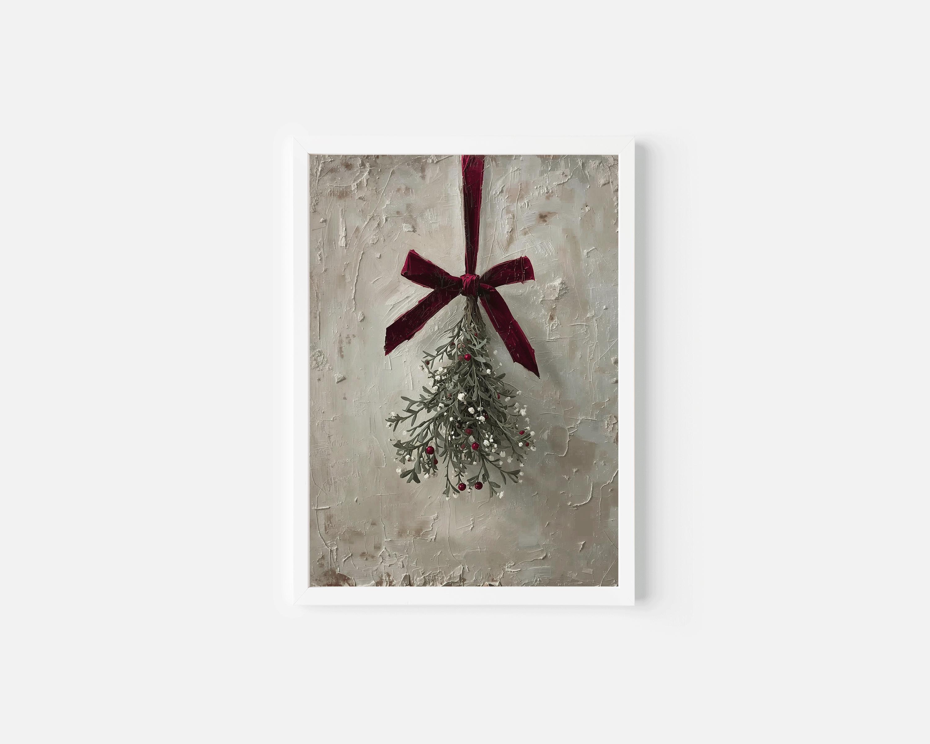 rustic mistletoe velvet bow wall art in a white frame with textured neutral backdrop, vintage christmas artwork ideal for cozy bedroom, entryway, or hallway seasonal holiday styling