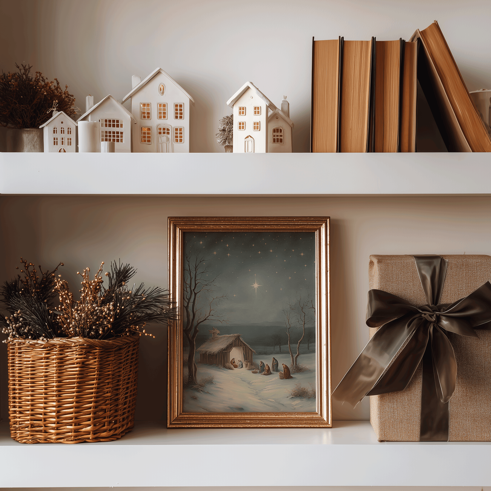 Framed nativity scene wall art featuring baby Jesus under the Star of Bethlehem, displayed on a rustic, wooden shelf beside with white Christmas houses, a basket and gifts, in a minimal, cozy living room.