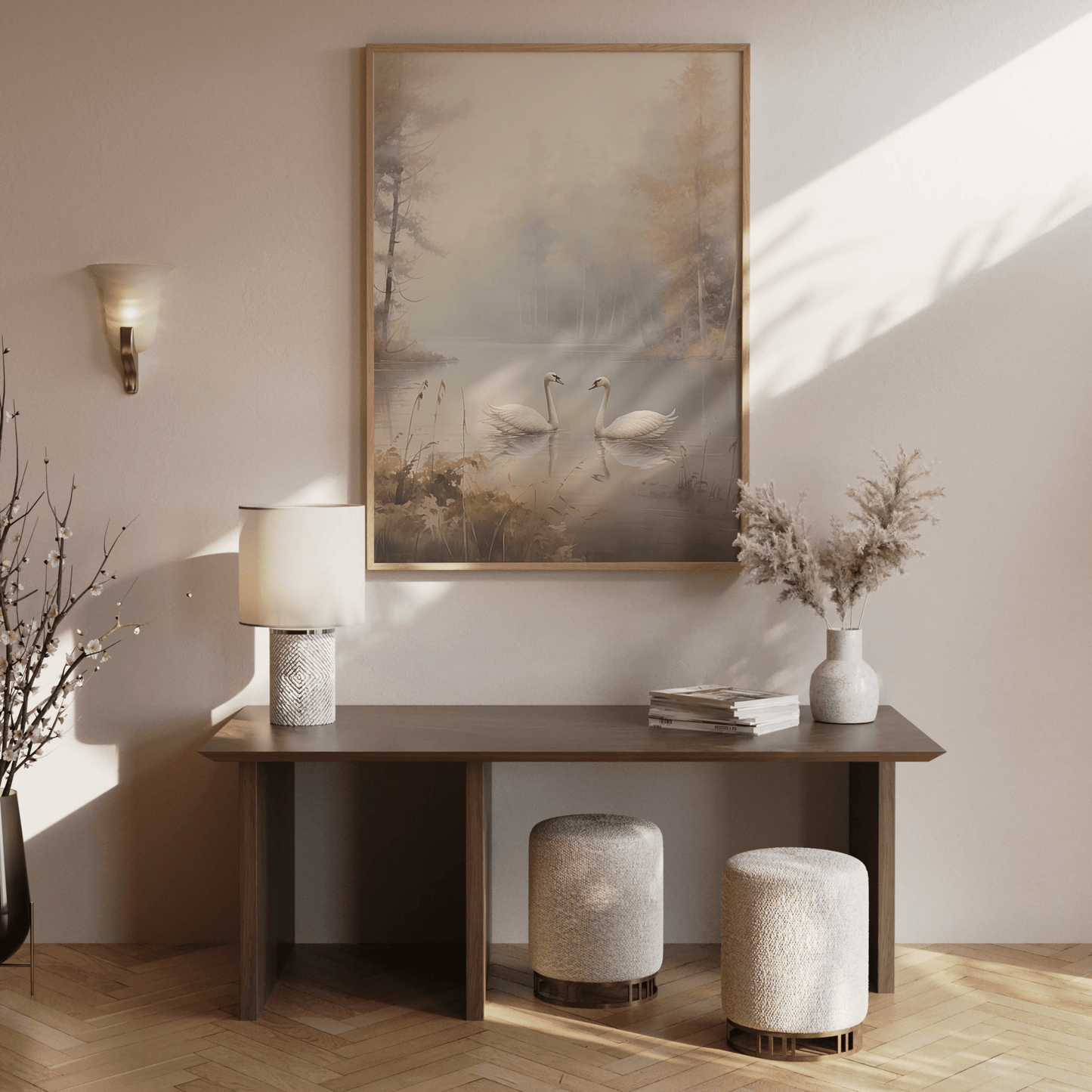 Wooden console table in entryway with a wood-framed vintage rustic abstract canvas print of swans on a lake.
