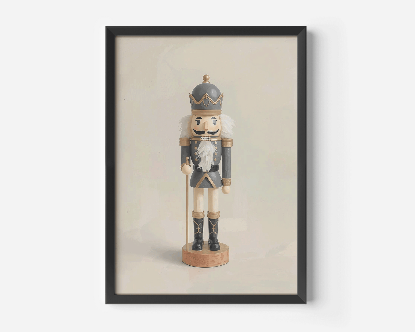 Close-up product mockup of a vintage nutcracker Christmas canvas in a black frame against a soft beige background