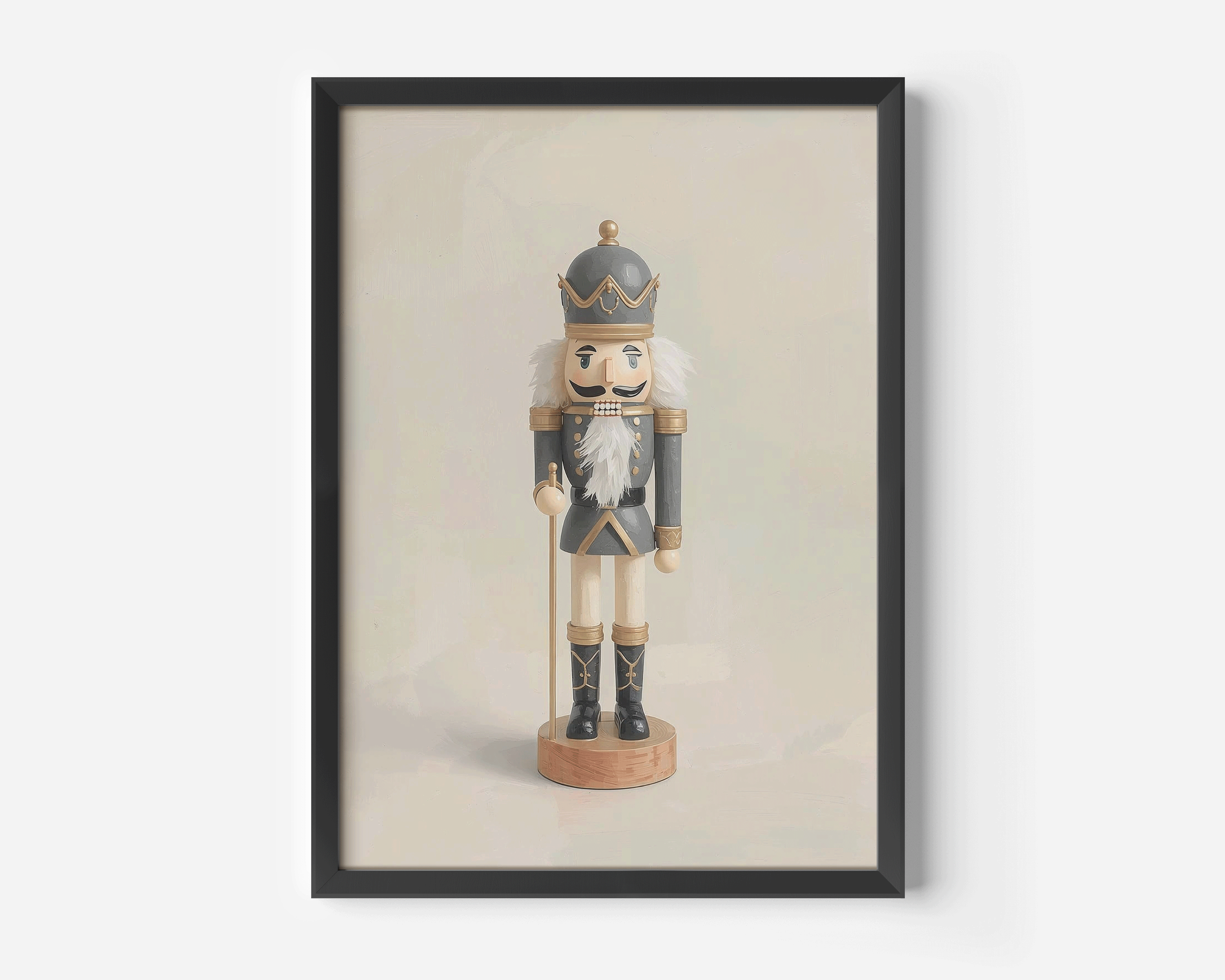 Close-up product mockup of a vintage nutcracker Christmas canvas in a black frame against a soft beige background