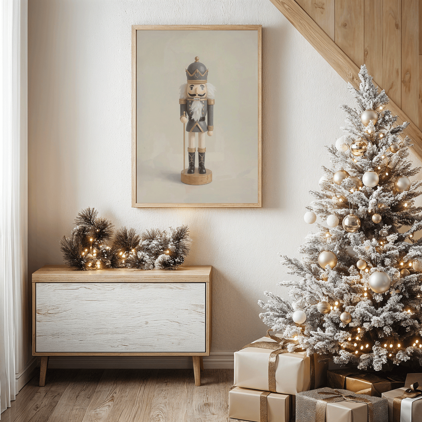 Vintage nutcracker wall art in a light wood frame hanging above a minimalist cabinet, decorated with snowy garland and warm lights, next to a flocked Christmas tree with gold ornaments and stacked gift boxes