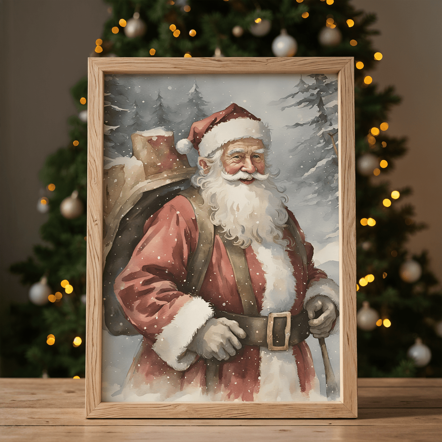 Rustic framed Santa artwork displayed in front of Christmas tree with gold ornaments and warm lights