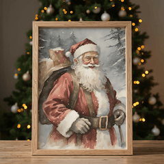 Rustic framed Santa artwork displayed in front of Christmas tree with gold ornaments and warm lights