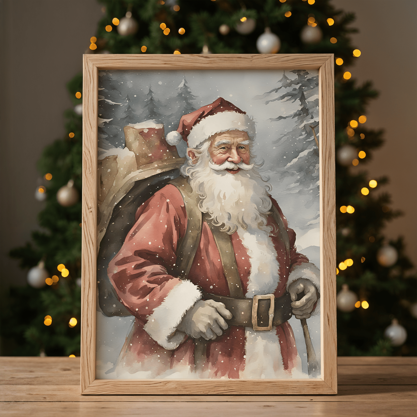 Rustic framed Santa artwork displayed in front of Christmas tree with gold ornaments and warm lights