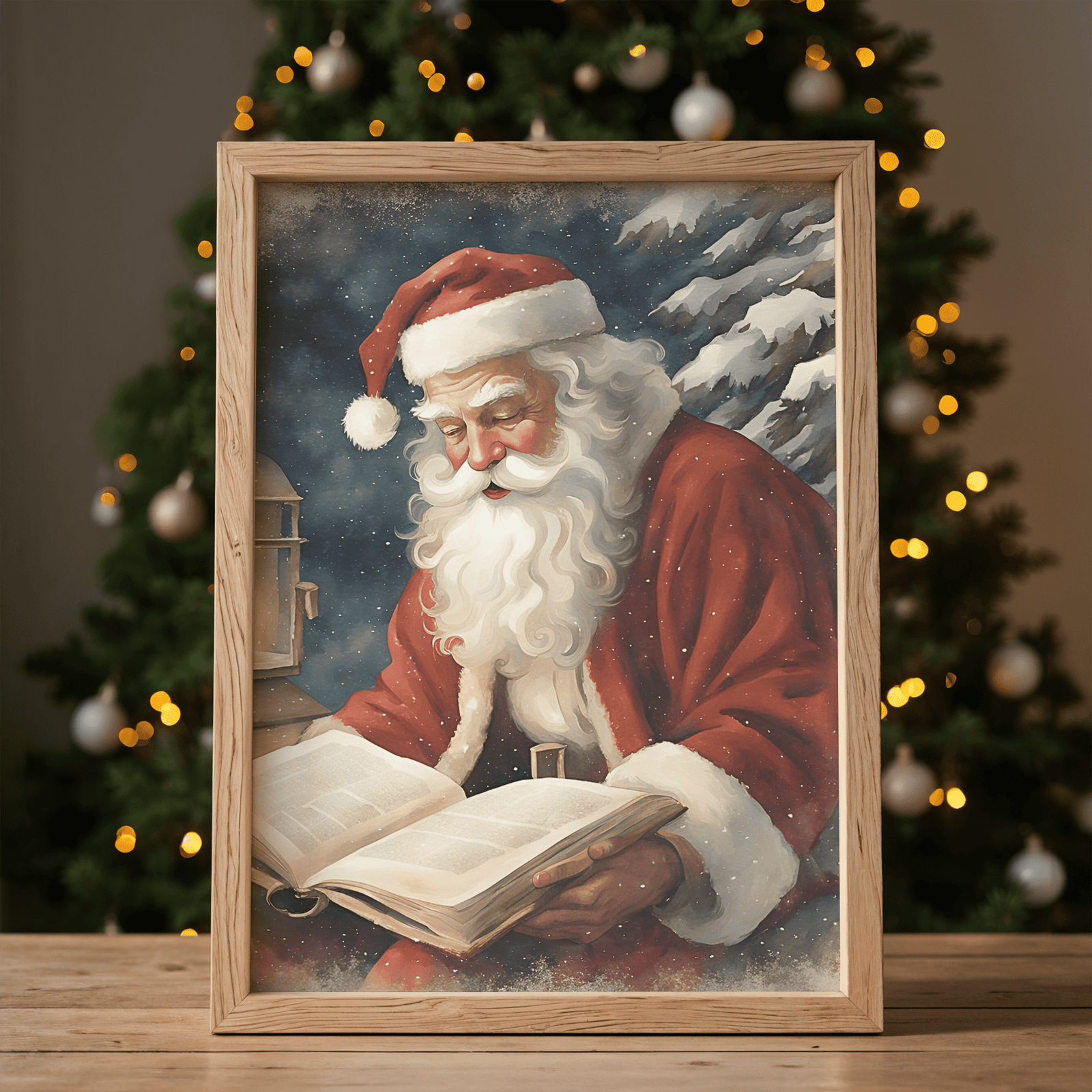 Rustic framed Santa reading print in front of Christmas tree with gold ornaments and glowing lights perfect for a living room or hallway artwork