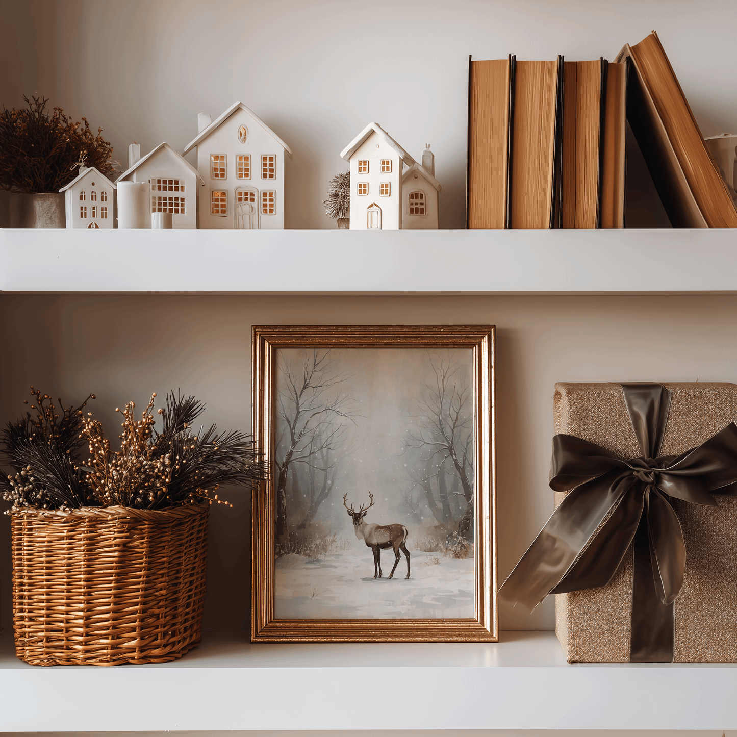 Rustic winter deer painting styled on a holiday shelf with woven baskets, festive greenery, warm neutral decor accents, and soft winter textures — creating a cozy Christmas vignette with woodland charm.