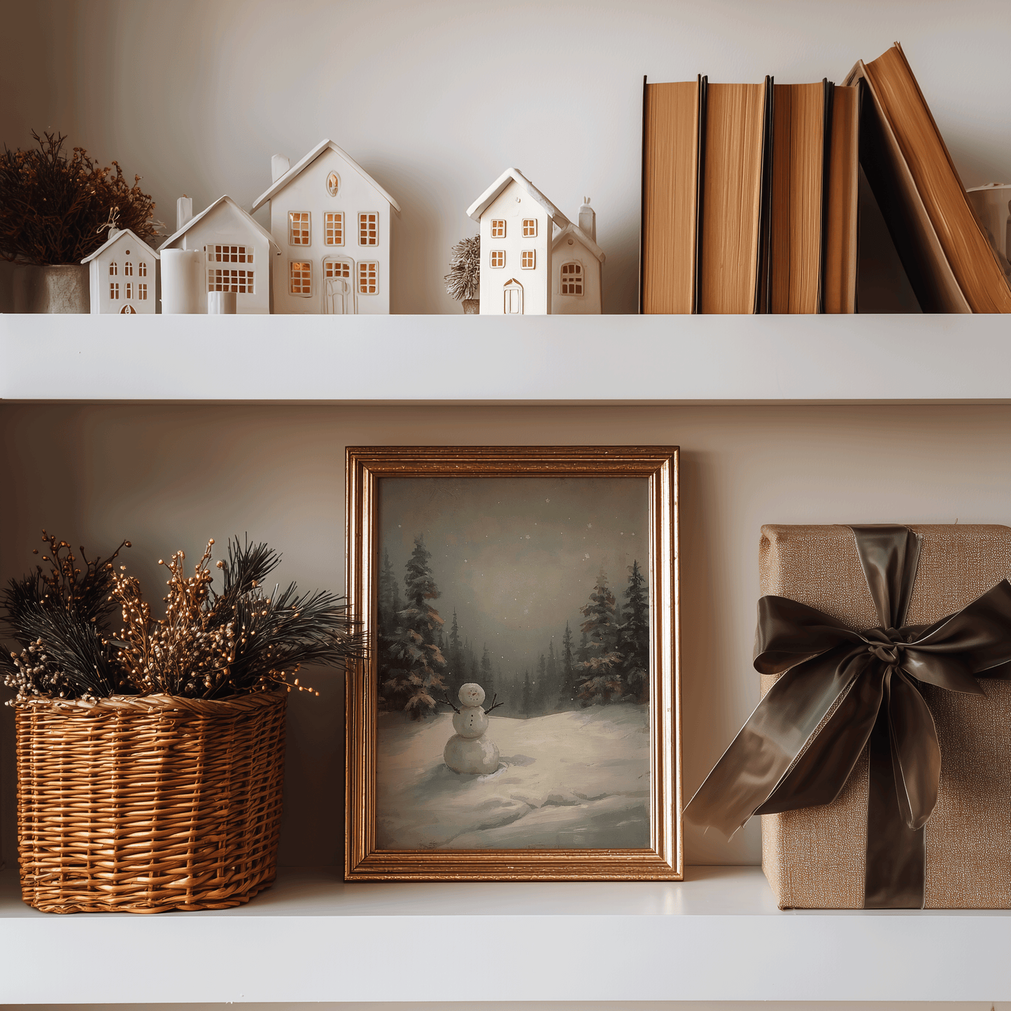 Framed vintage snowman painting styled on cozy holiday shelf with Christmas houses, pine stems, and neutral winter decor