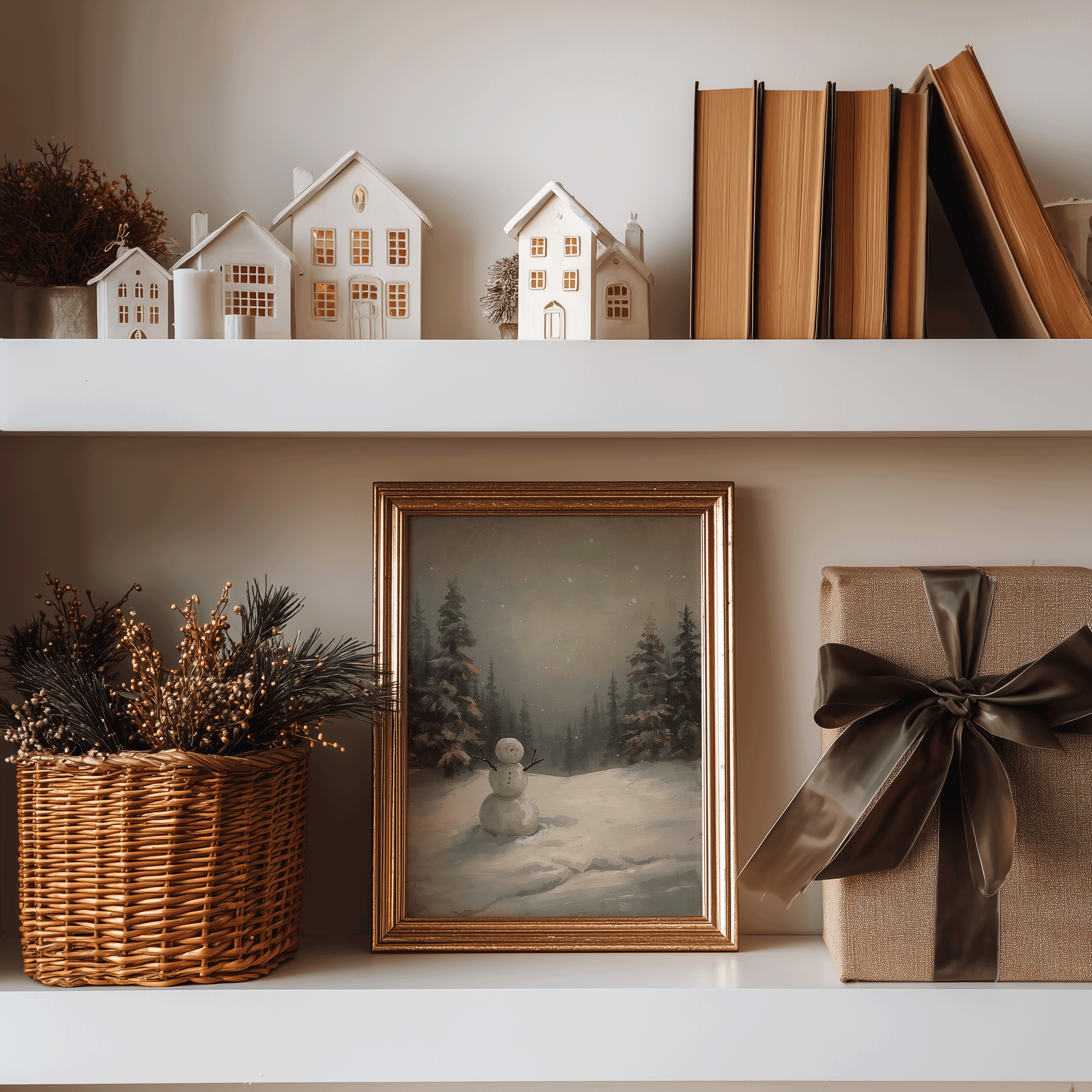 Framed vintage snowman painting styled on cozy holiday shelf with Christmas houses, pine stems, and neutral winter decor