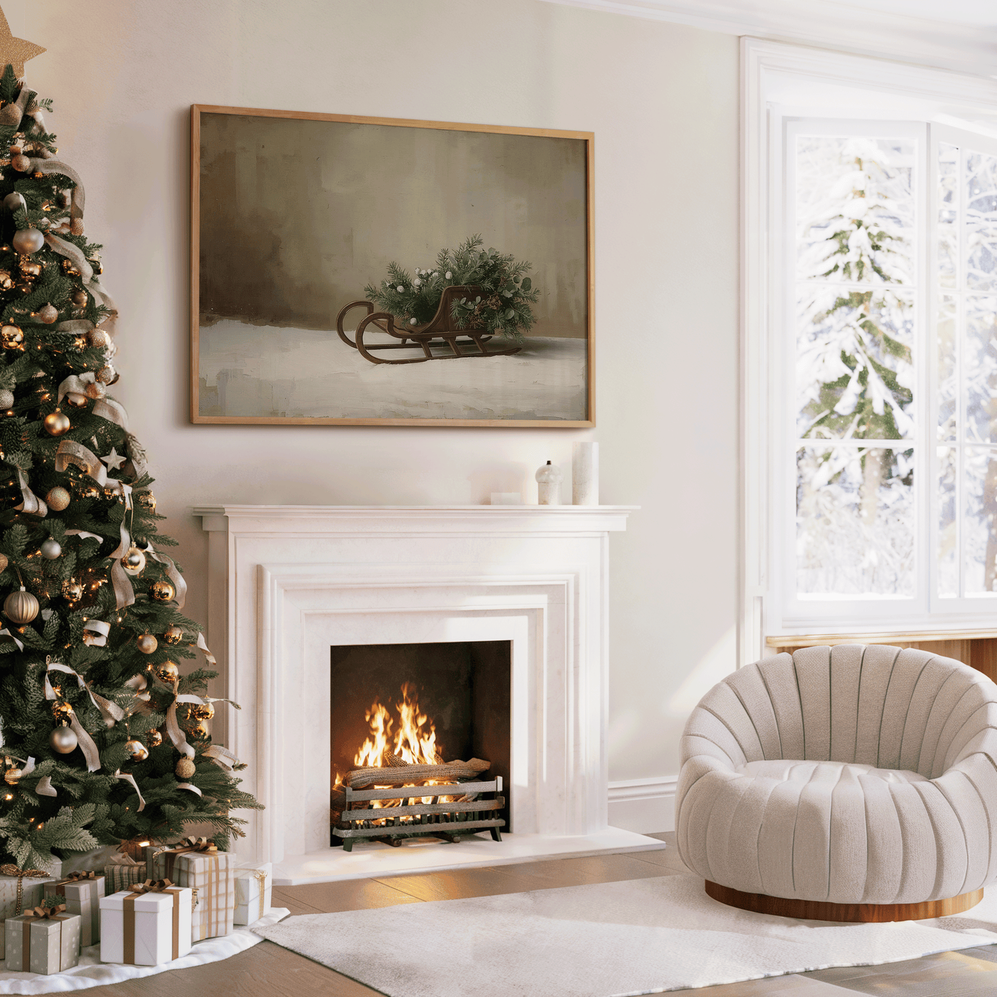 Warm holiday living room scene featuring a rustic wooden sleigh Christmas framed canvas wall art hanging above a white fireplace beside a decorated Christmas tree with gold ornaments and wrapped gifts