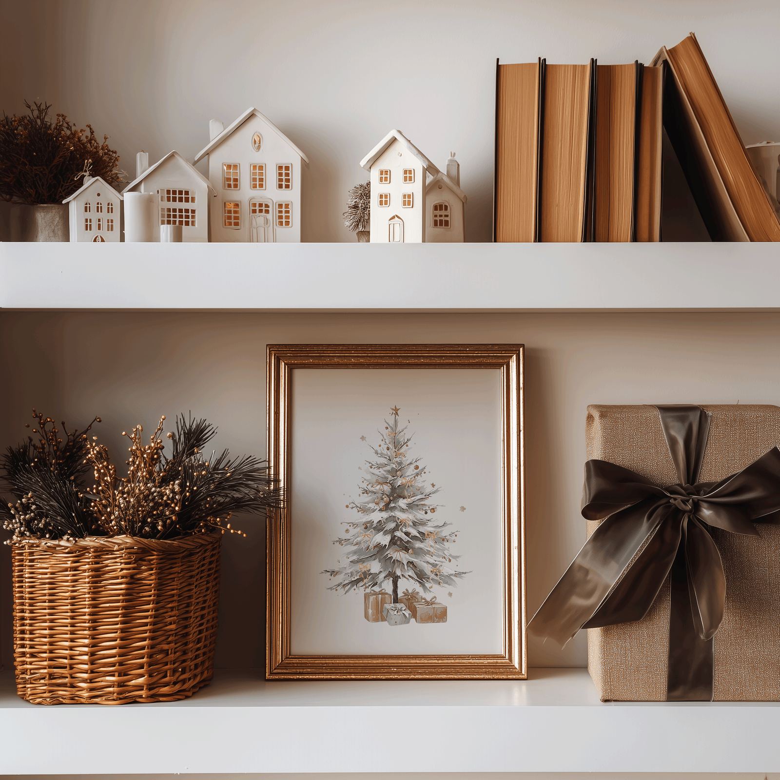 Rustic, neutral Christmas tree wall art framed in gold displayed on a shelf in a minimal living room with matching holiday decor and soft natural light